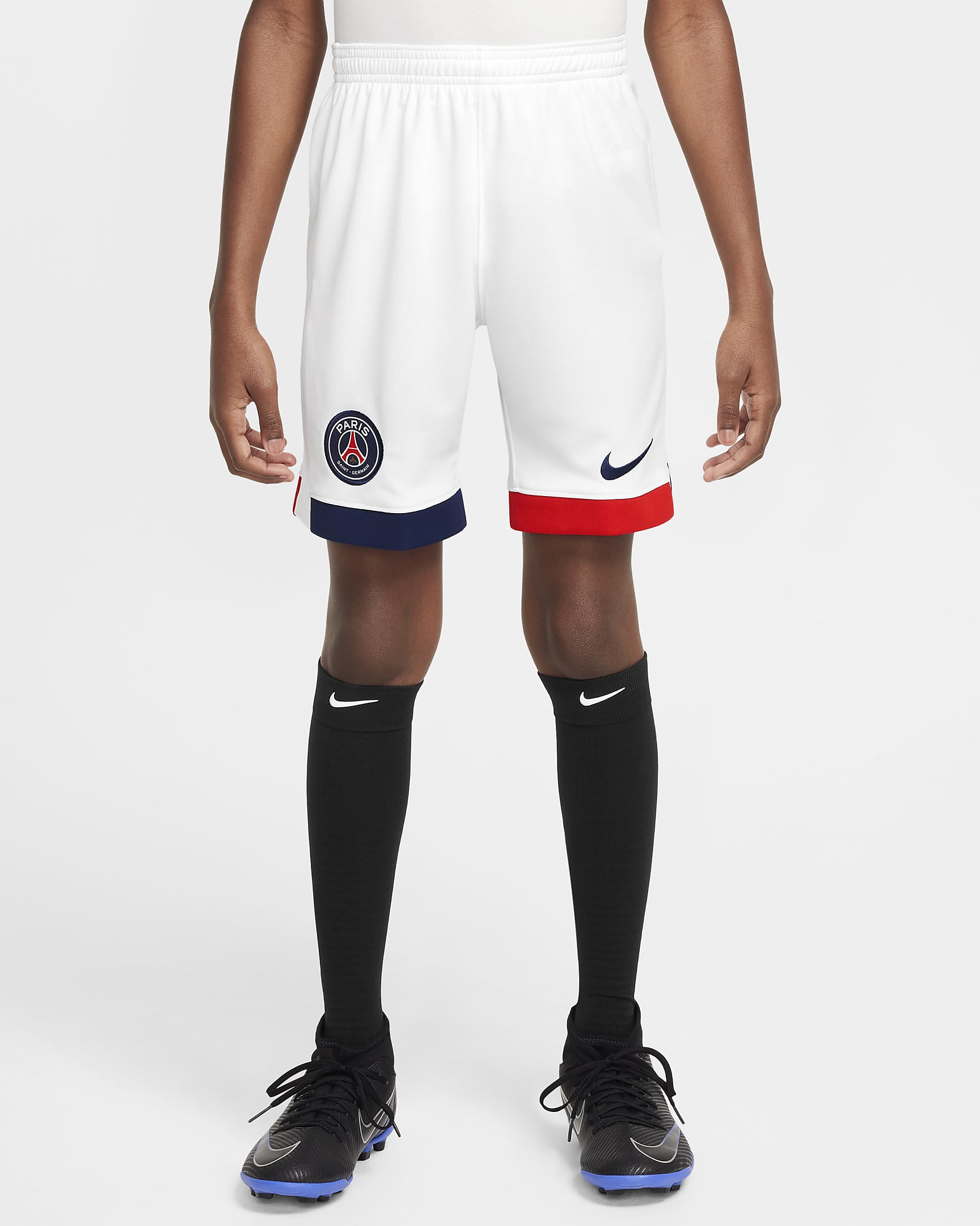 Shorts da calcio replica Nike Dri-FIT Paris Saint-Germain 2024/25 Stadium per ragazzo/a – Away - Bianco/University Red/Midnight Navy/Midnight Navy