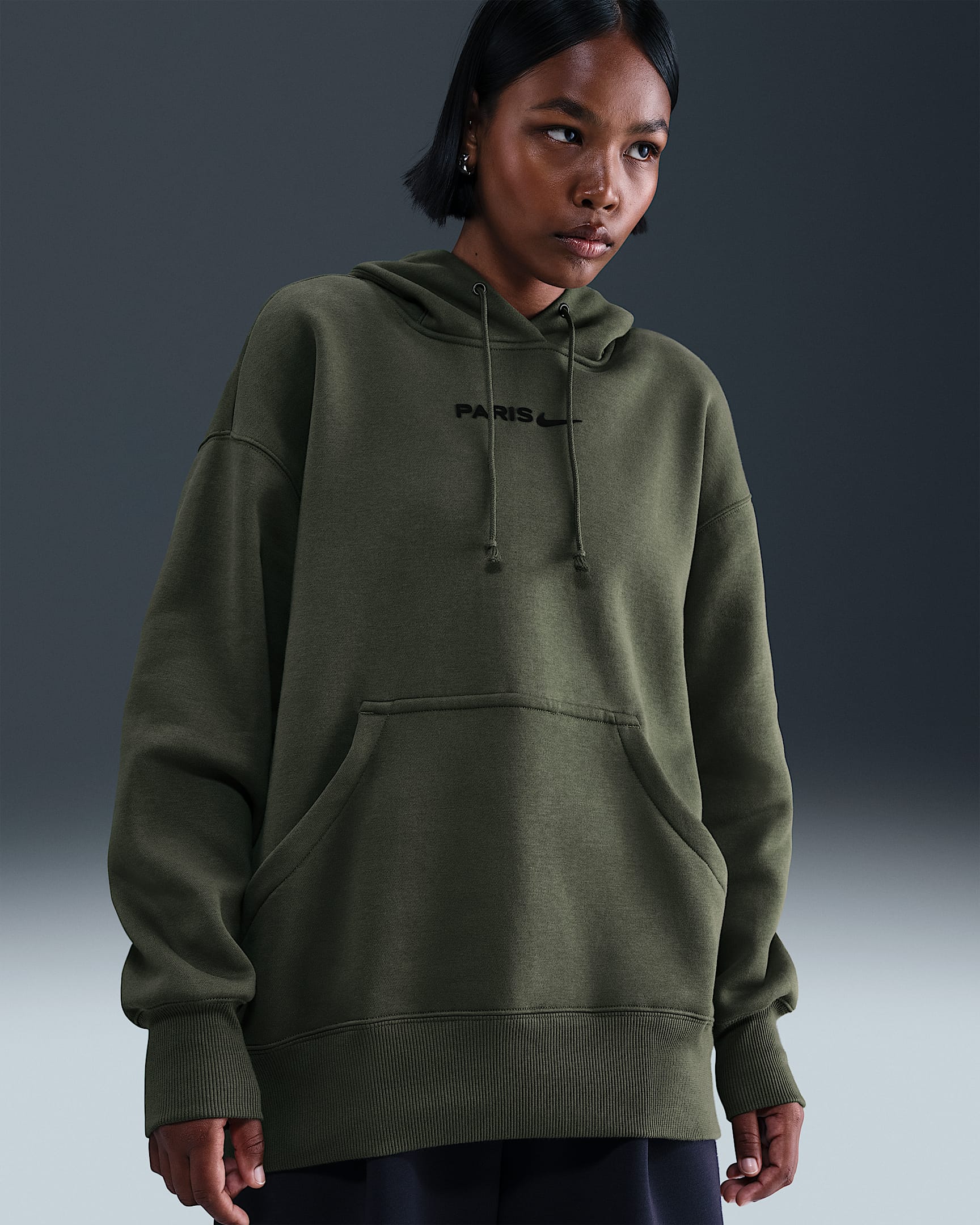 Paris Saint-Germain Phoenix Fleece Women's Nike Football Oversized Pullover Hoodie - Cargo Khaki/Black