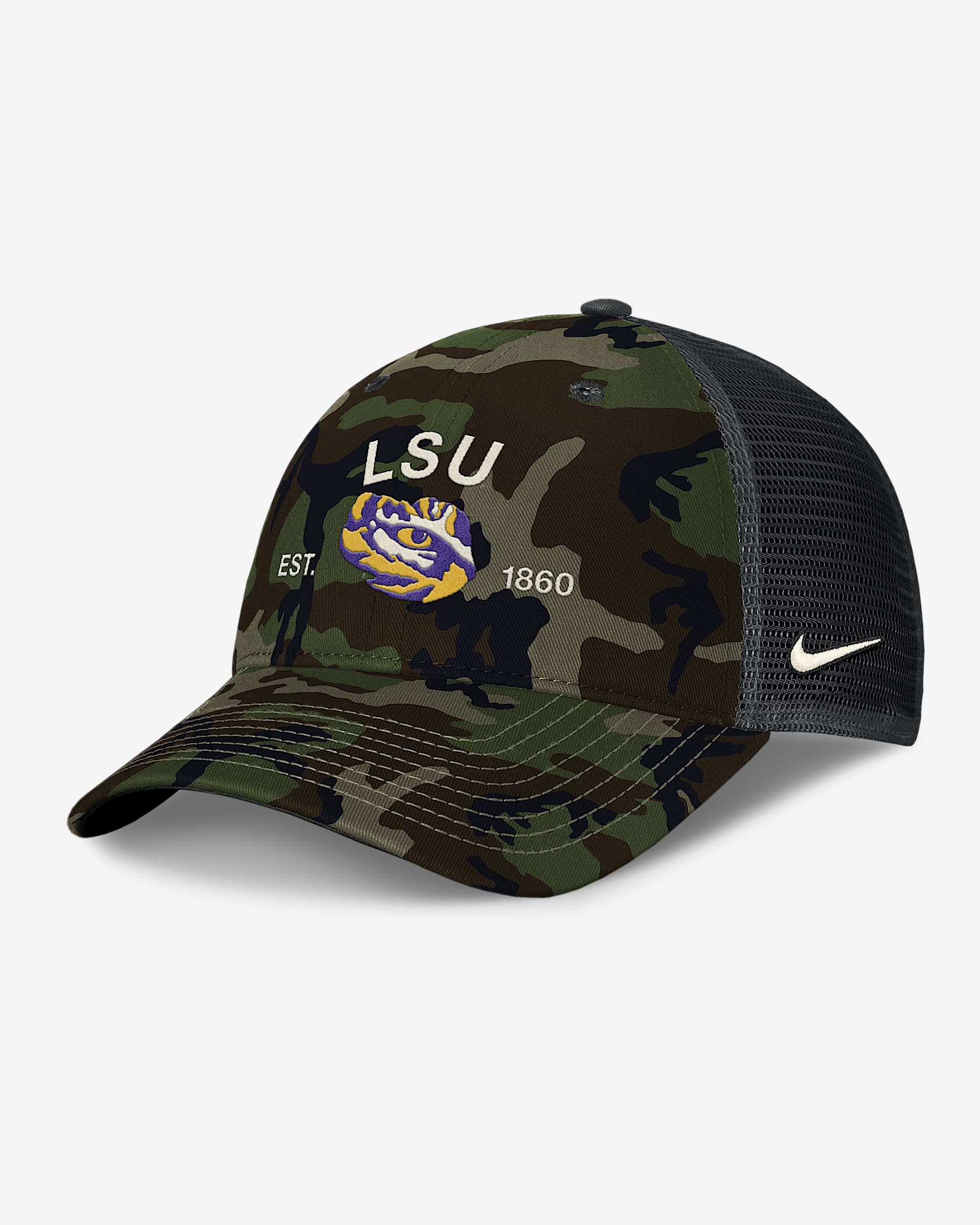 LSU 2025 Military Appreciation Rise Men's Nike College Trucker Adjustable Hat - Olive