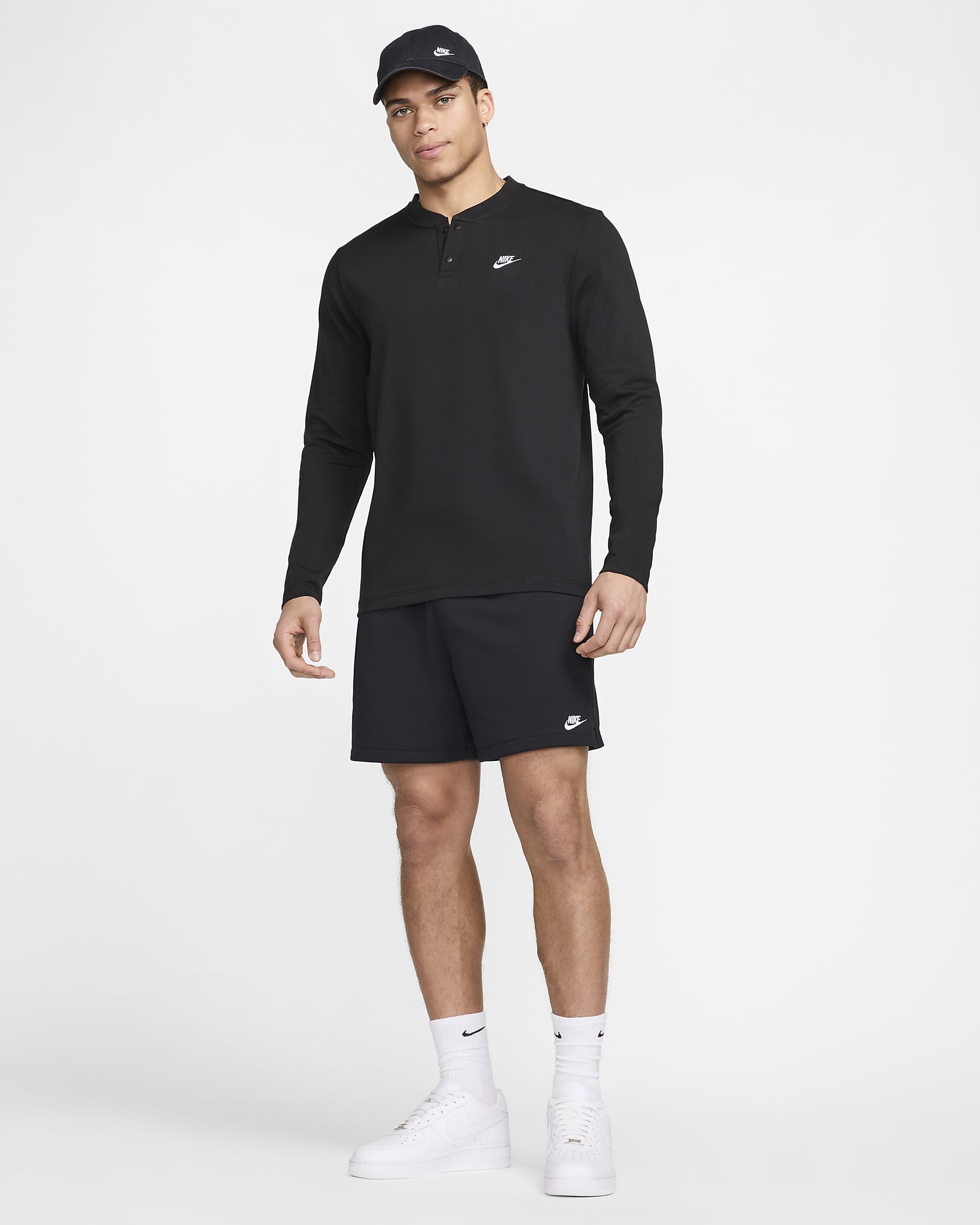 Henley de manga larga para hombre Nike Club - Negro/Negro/Blanco