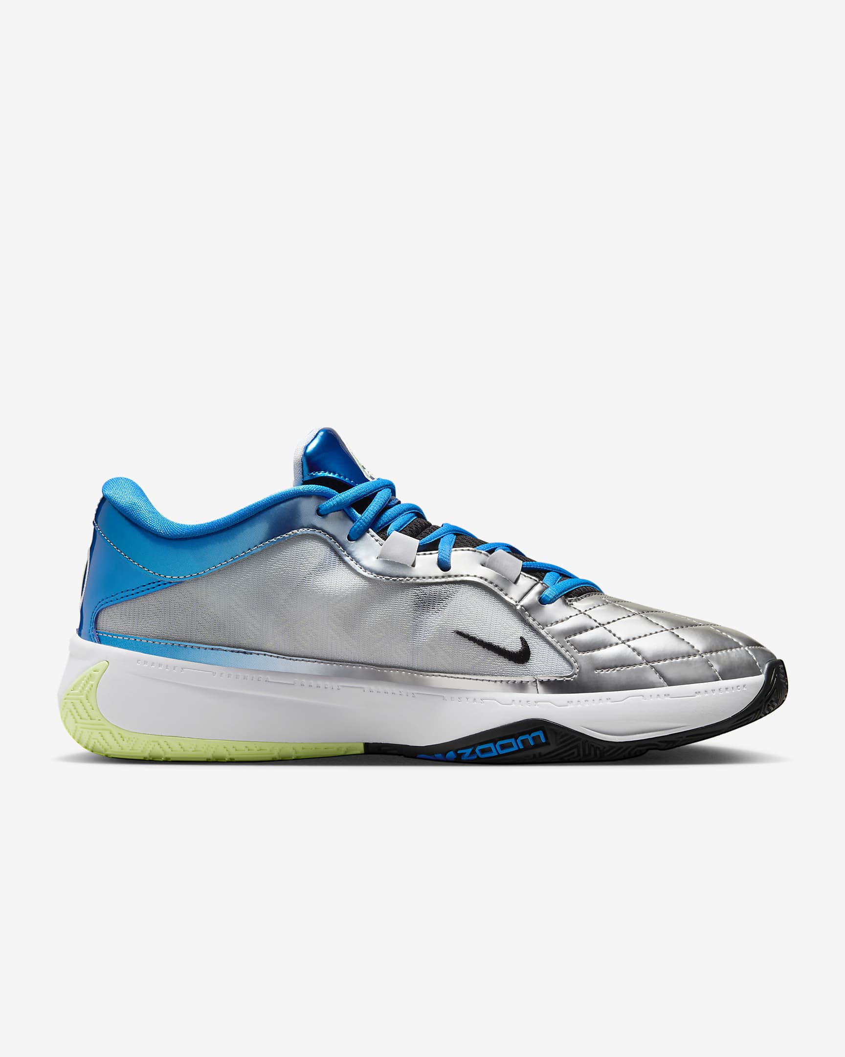 Giannis Freak 5 basketbalschoenen - Photo Blue/Metallic Silver/Barely Volt/Zwart