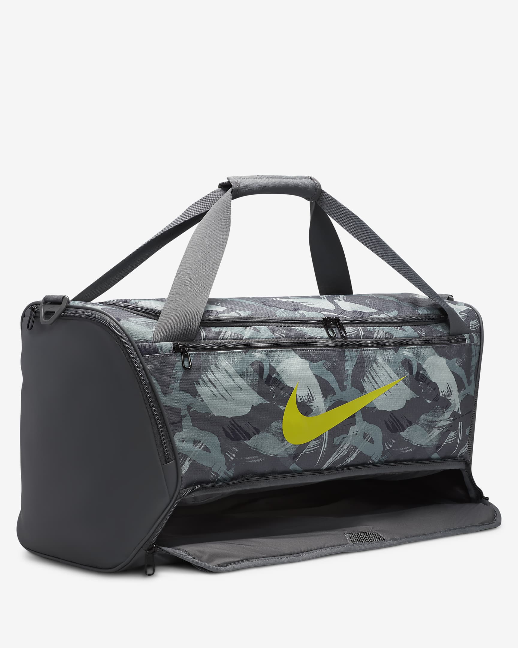 Nike Brasilia Printed Duffel Bag (Medium, 60L) - Iron Grey/Iron Grey/Bright Cactus