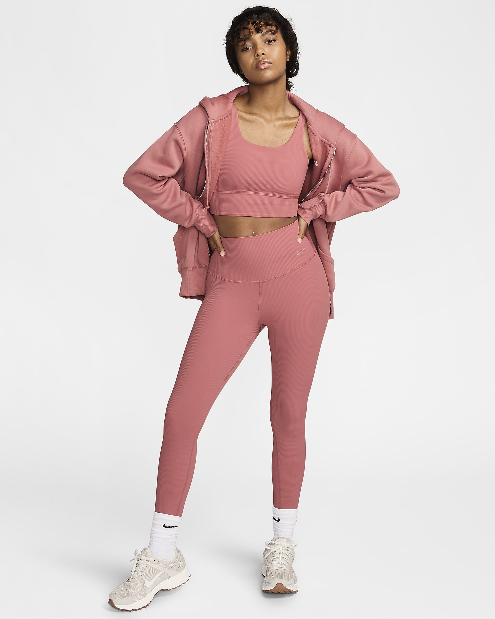 Dámské 7/8 žebrované legíny Nike Zenvy se zvýšeným pasem a jemnou oporou - Canyon Pink/Černá