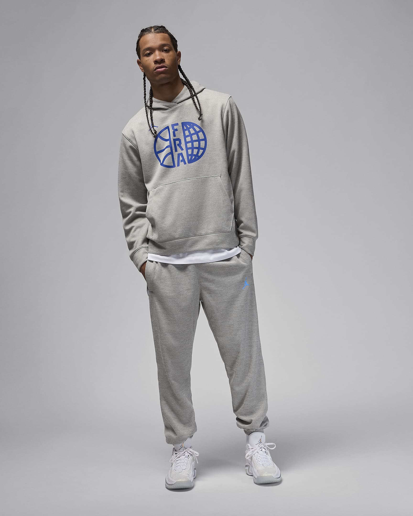 France Practice Nike Basketball-hættetrøje i fleece til mænd - Dark Grey Heather/Old Royal