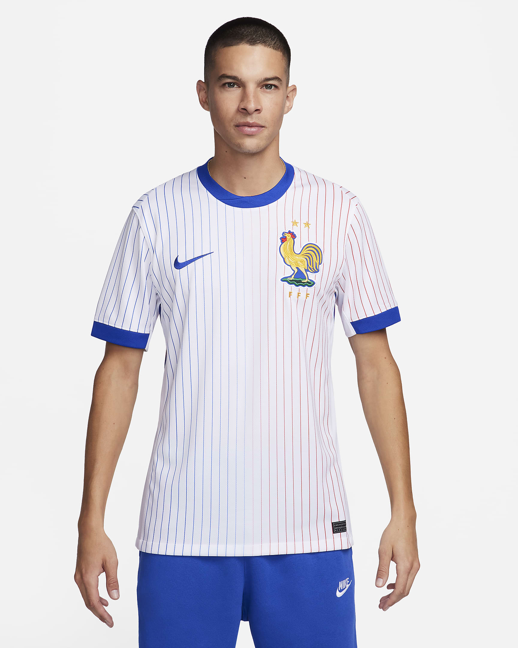 FFF (Men's Team) 2024/25 Stadium Away Men's Nike Dri-FIT Football Replica Shirt - White/Bright Blue/University Red/Bright Blue