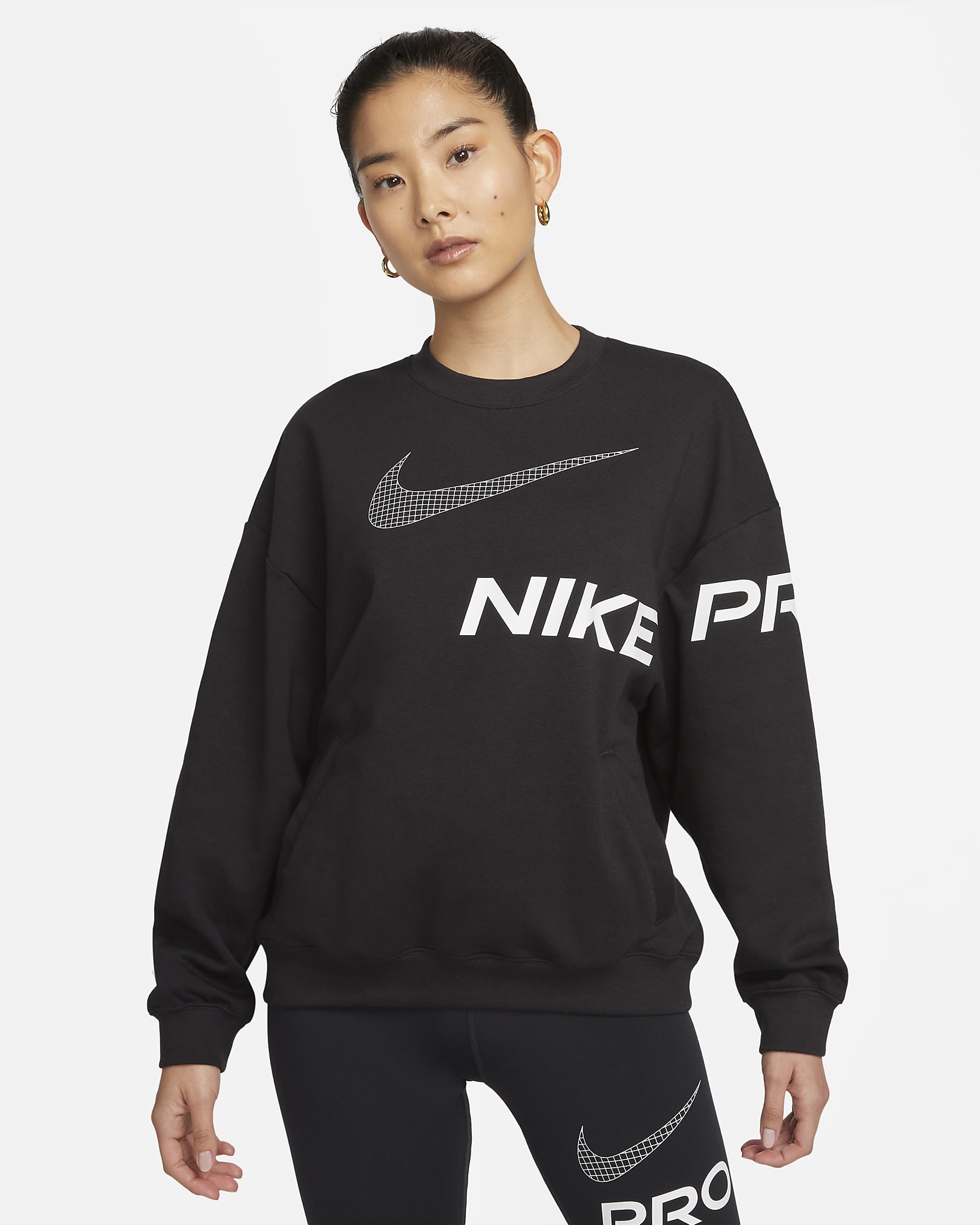 Nike Dri-FIT Get Fit Women's French Terry Graphic Crew-Neck Sweatshirt - Black/Iron Grey/White