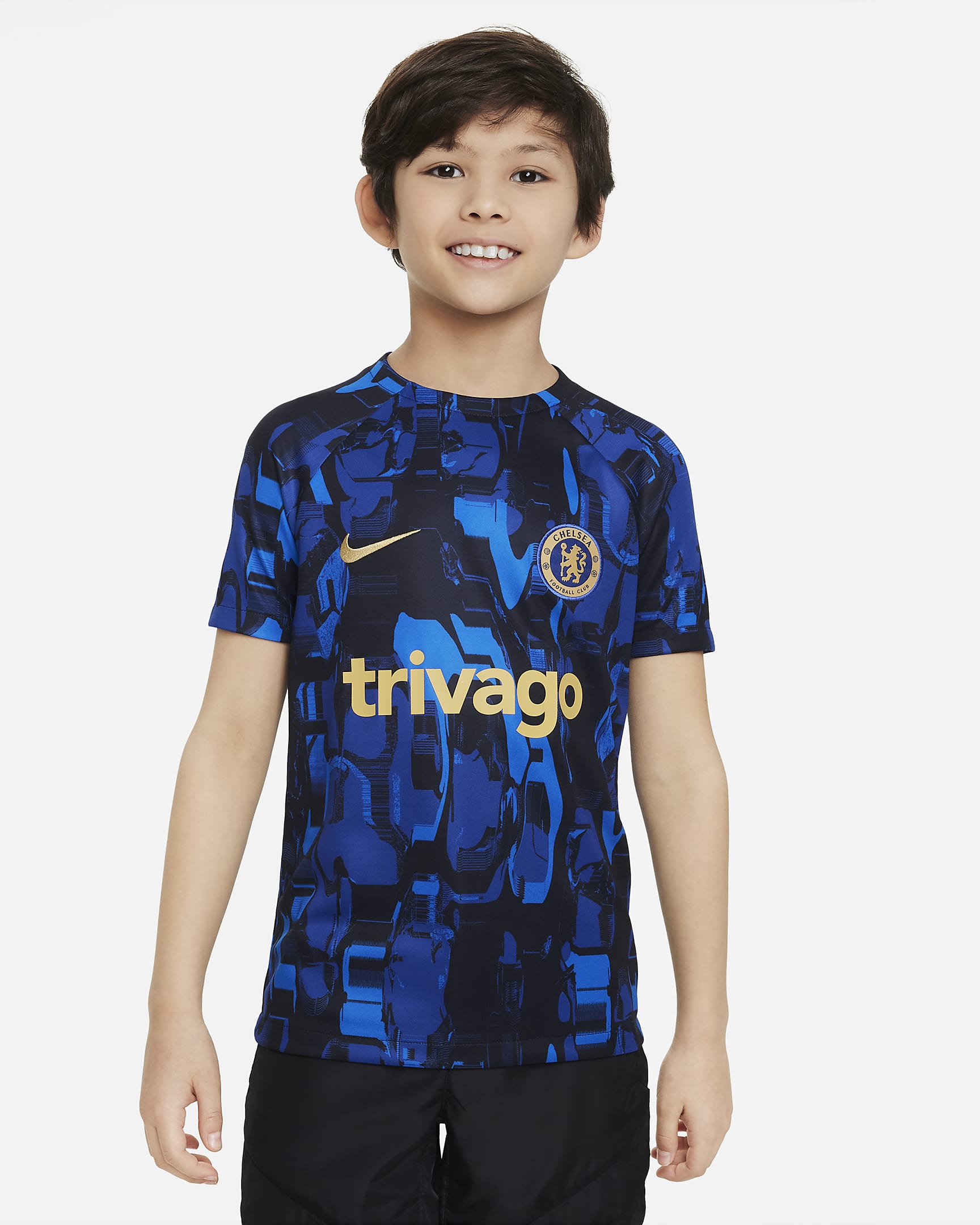 Chelsea FC Academy Pro Big Kids' Nike Dri-FIT Pre-Match Soccer Top - Pitch Blue/Pitch Blue/Club Gold