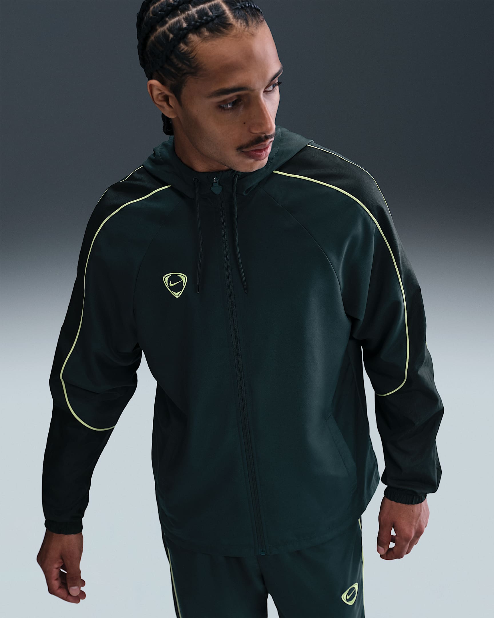 Męska kurtka piłkarska z tkaniny Repel Nike Academy+ - Seaweed/Czerń/Limelight/Limelight