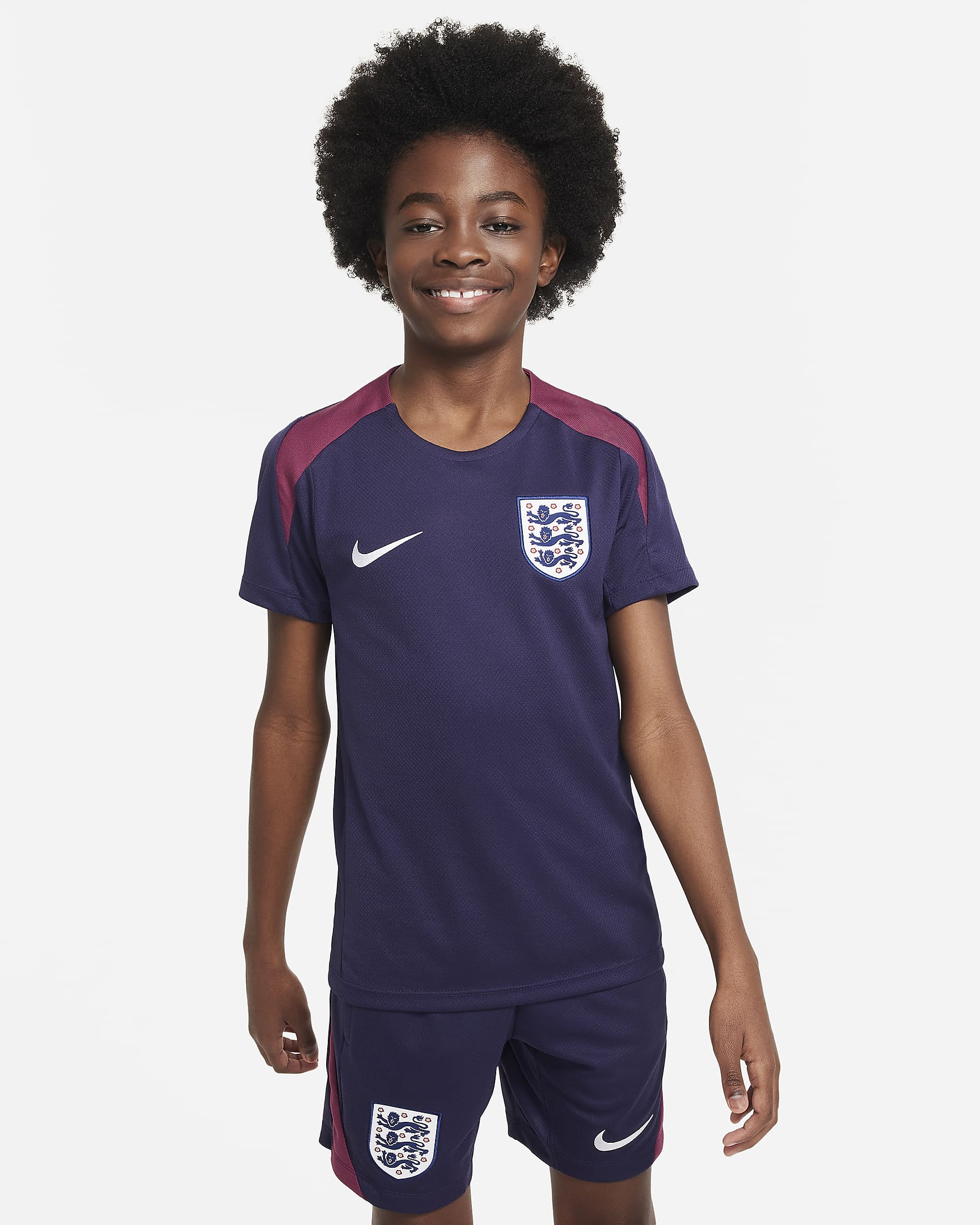 Haut de foot en maille à manches courtes Nike Dri-FIT Angleterre Strike pour ado - Purple Ink/Rosewood/Blanc