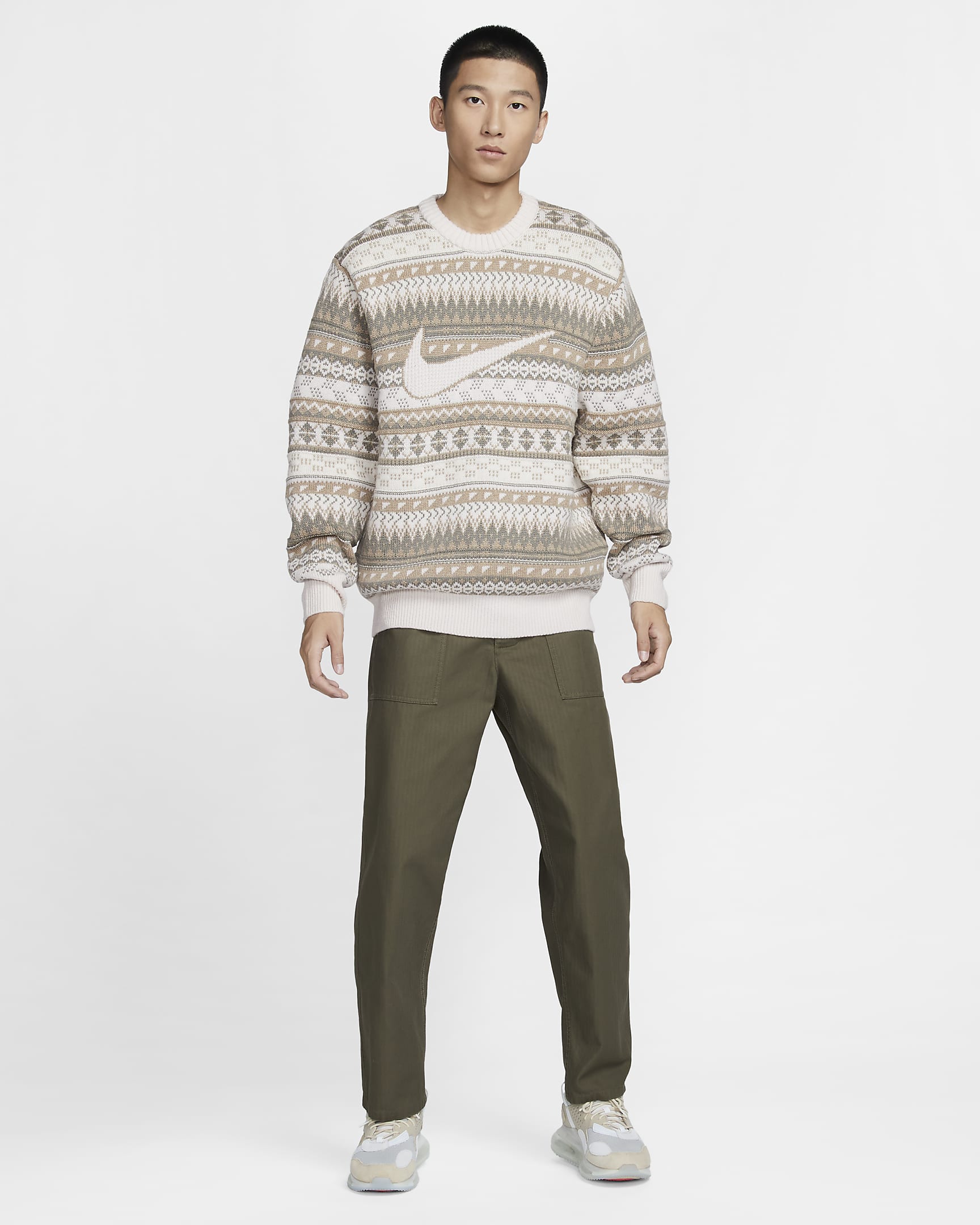 Nike Life Men's Fair Isle Swoosh Jumper - Light Orewood Brown/Sail/Khaki