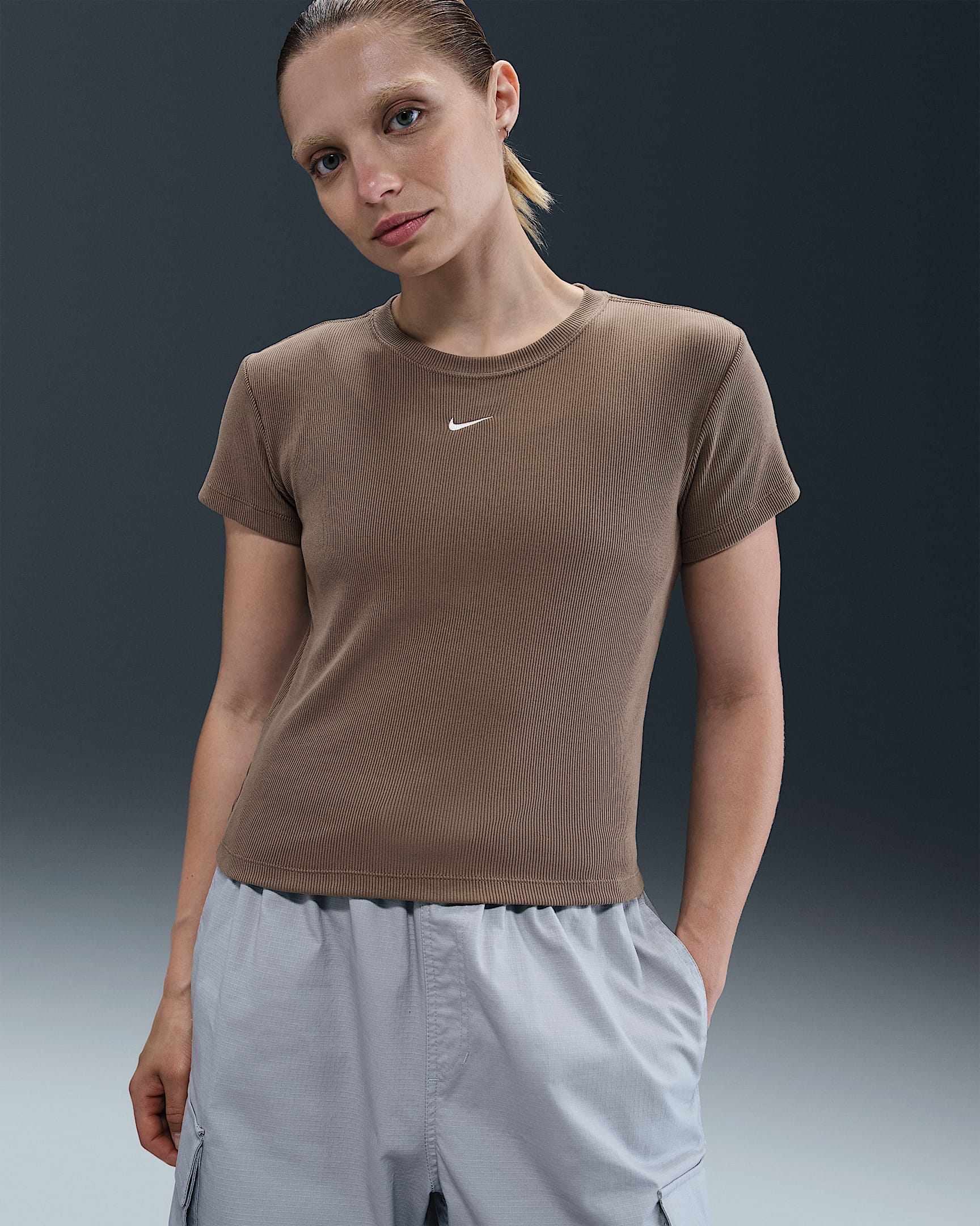 Nike Sportswear Women's Tight Ribbed Short-Sleeve T-Shirt - Mink Brown