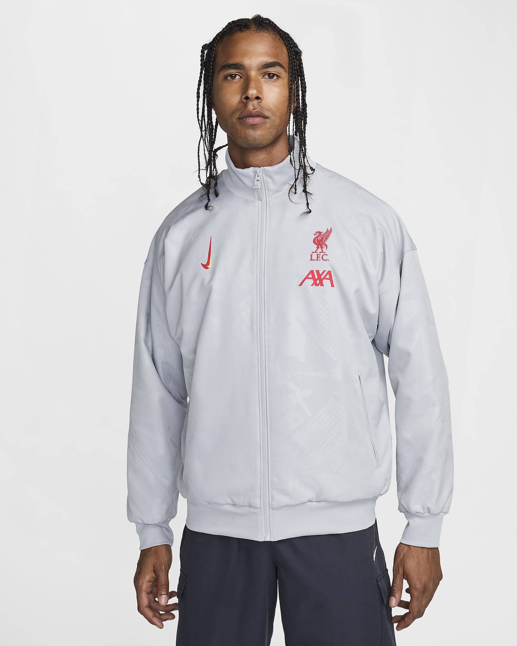 Fotbollsjacka Liverpool FC Strike (tredjeställ) Nike Dri-FIT Anthem för män - Light Smoke Grey/Svart/Global Red