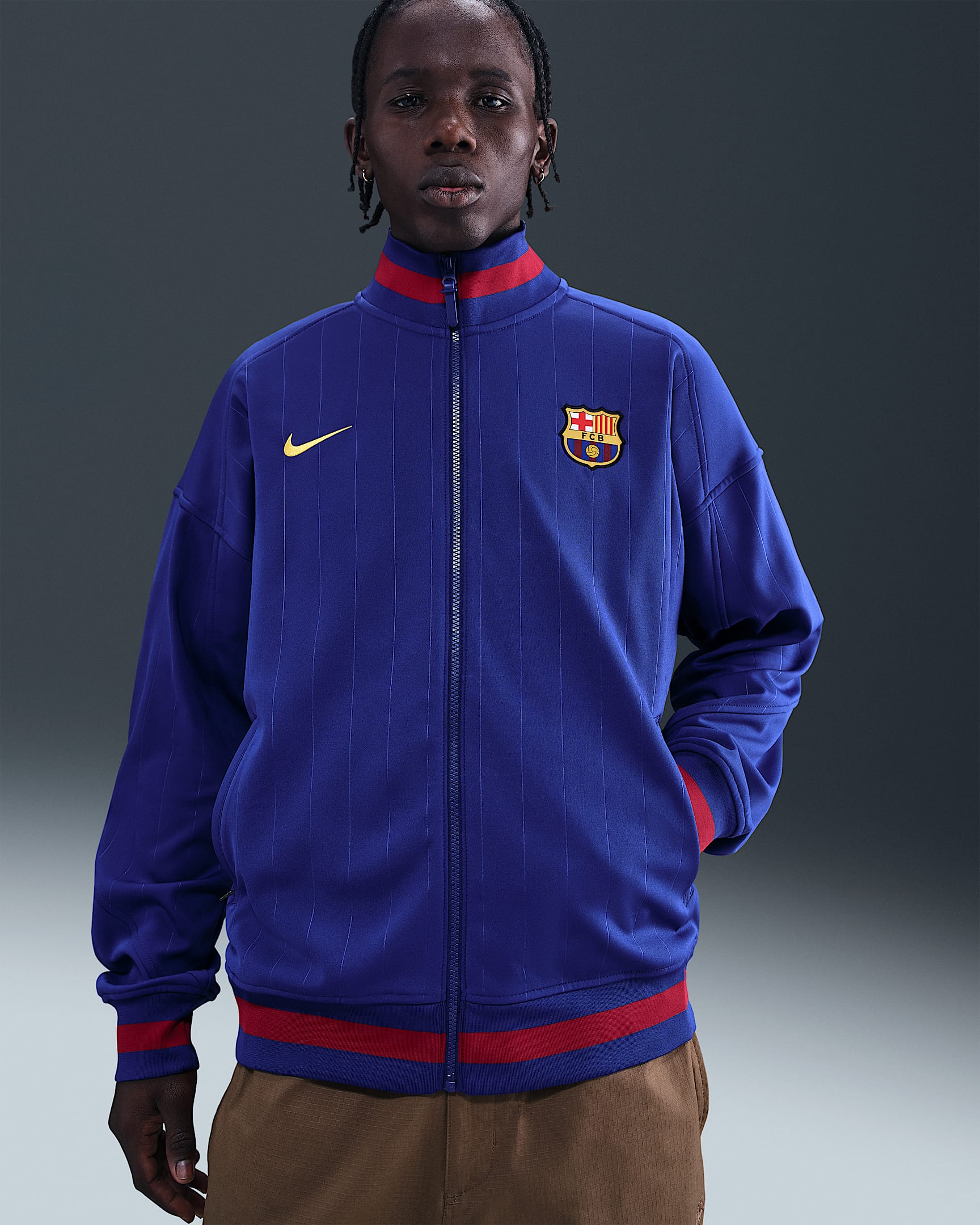 F.C. Barcelona Academy Pro Home Men's Nike Dri-FIT Football Anthem Jacket - Deep Royal Blue/Noble Red/Midwest Gold