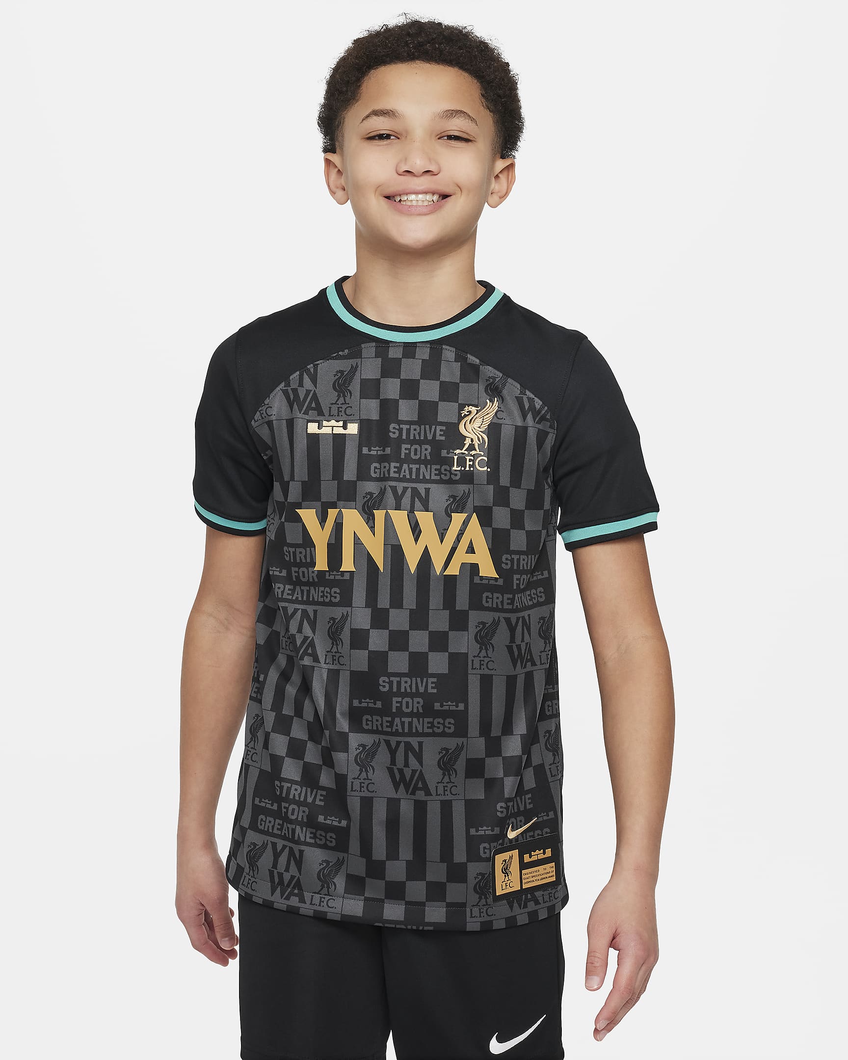 LeBron x Liverpool F.C. Stadium Older Kids' Nike Dri-FIT Replica Football Shirt - Black/Washed Teal/Truly Gold