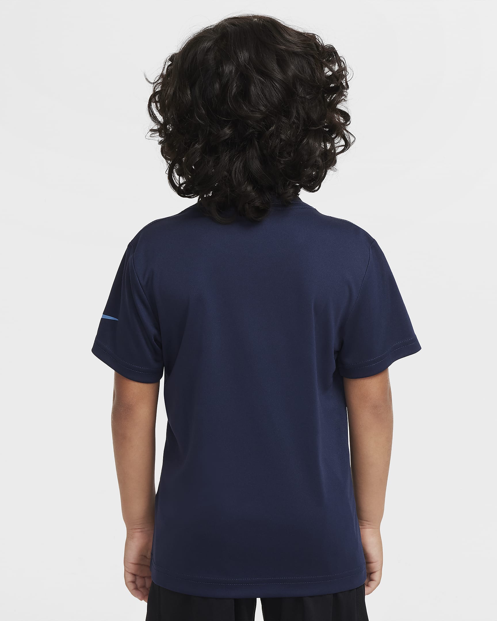 Playera Swoosh para niños talla pequeña Nike Dri-FIT "Just Do It" - Azul marino medianoche