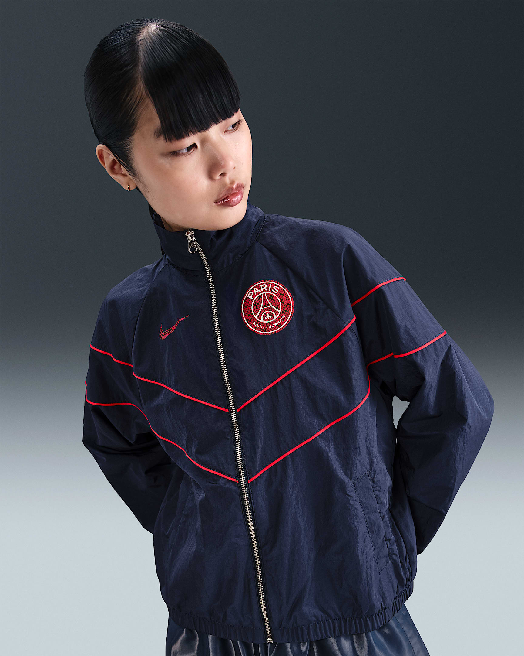 Paris Saint-Germain Windrunner Nike Football UV-Webjacke mit durchgehendem Reißverschluss (Damen) - Midnight Navy/Midnight Navy/University Red/Midnight Navy