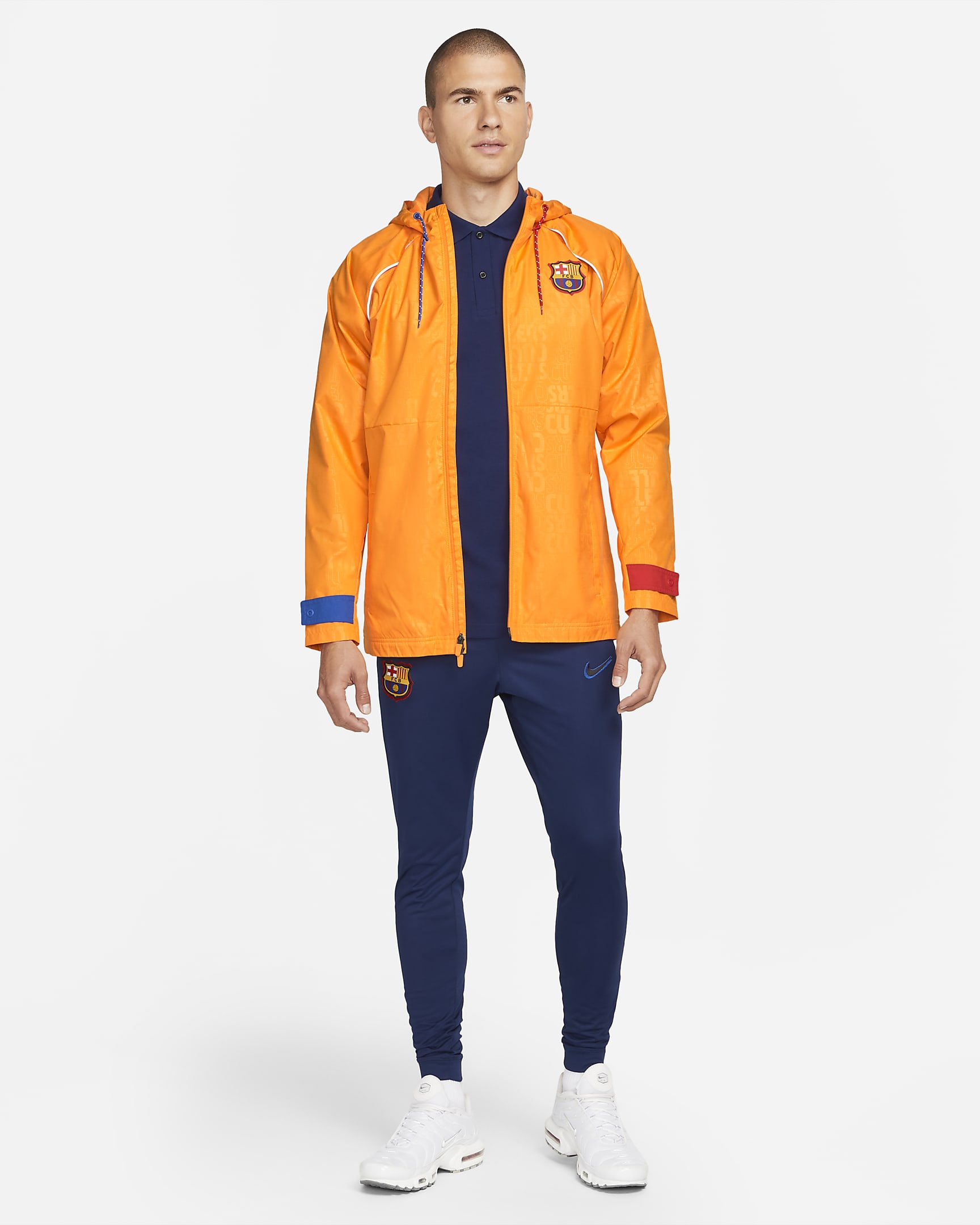 FC Barcelona AWF Men's Graphic Soccer Jacket - Vivid Orange/Game Royal/University Red/Black