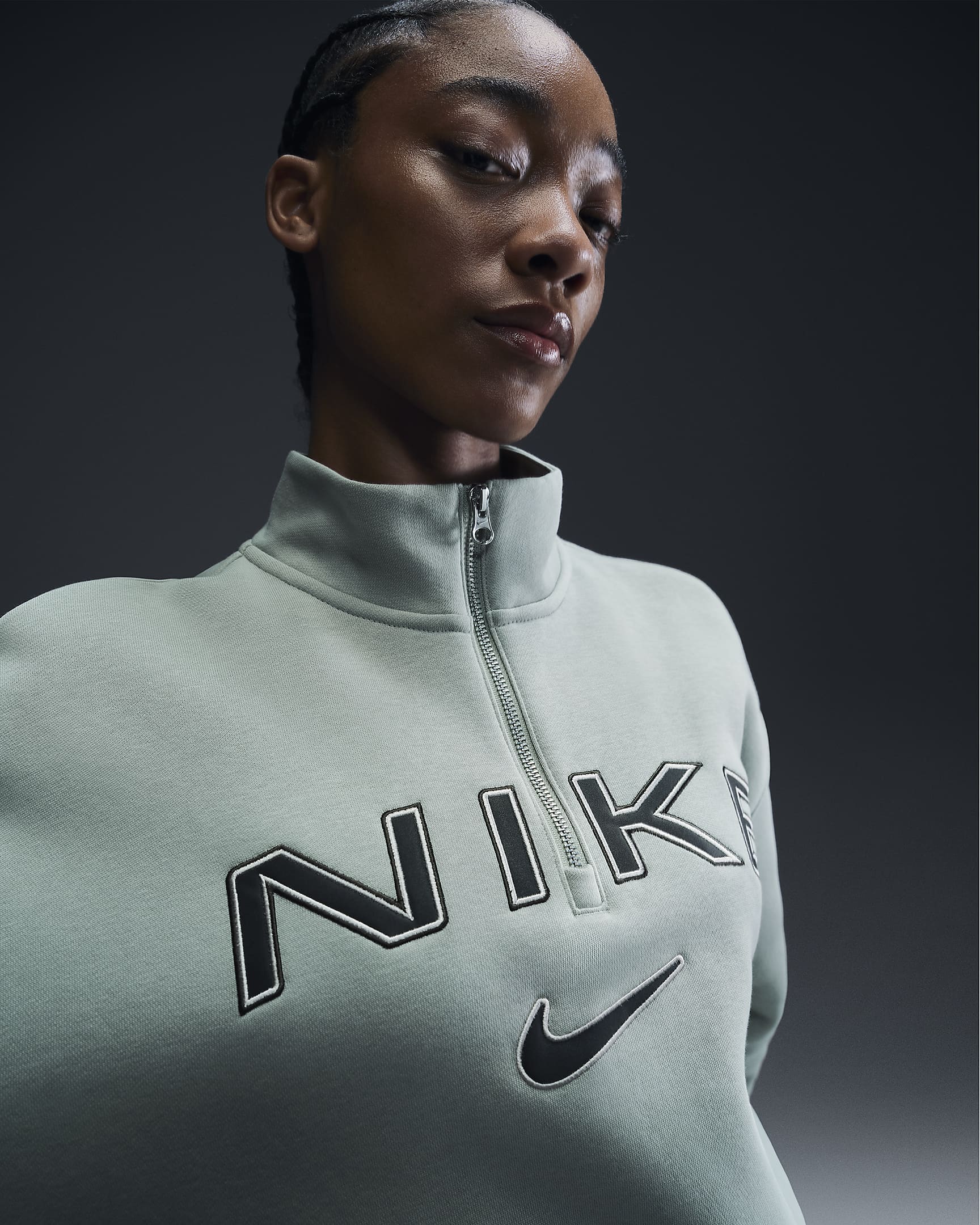 Playera con logotipo oversized de cierre 1/4 para mujer Nike Sportswear Phoenix Fleece - Horizonte jade/Marrón verdoso claro/Secuoya