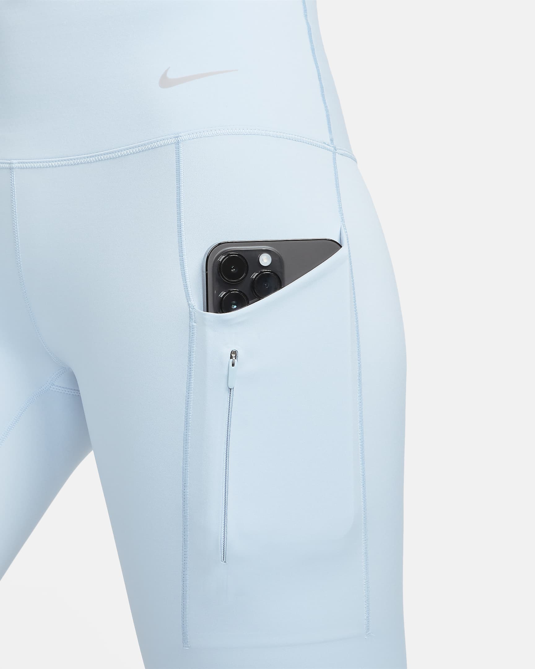 Nike Go erős tartást adó, középmagas derekú, teljes hosszúságú női leggings zsebekkel - Light Armory Blue/Fekete