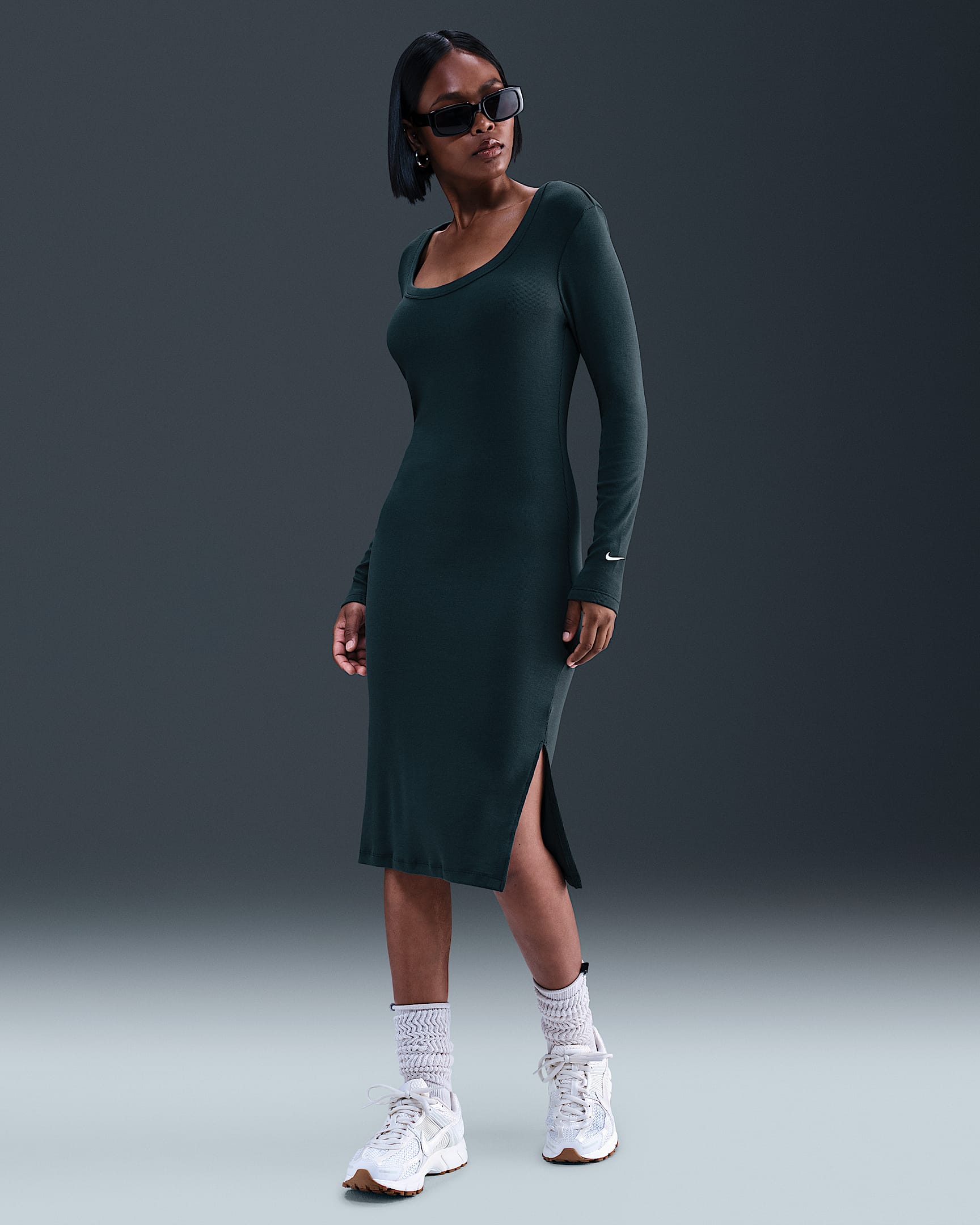 Nike Sportswear Chill Knit Women's Tight Long-Sleeve Midi Mini-Rib Dress - Seaweed/Sail