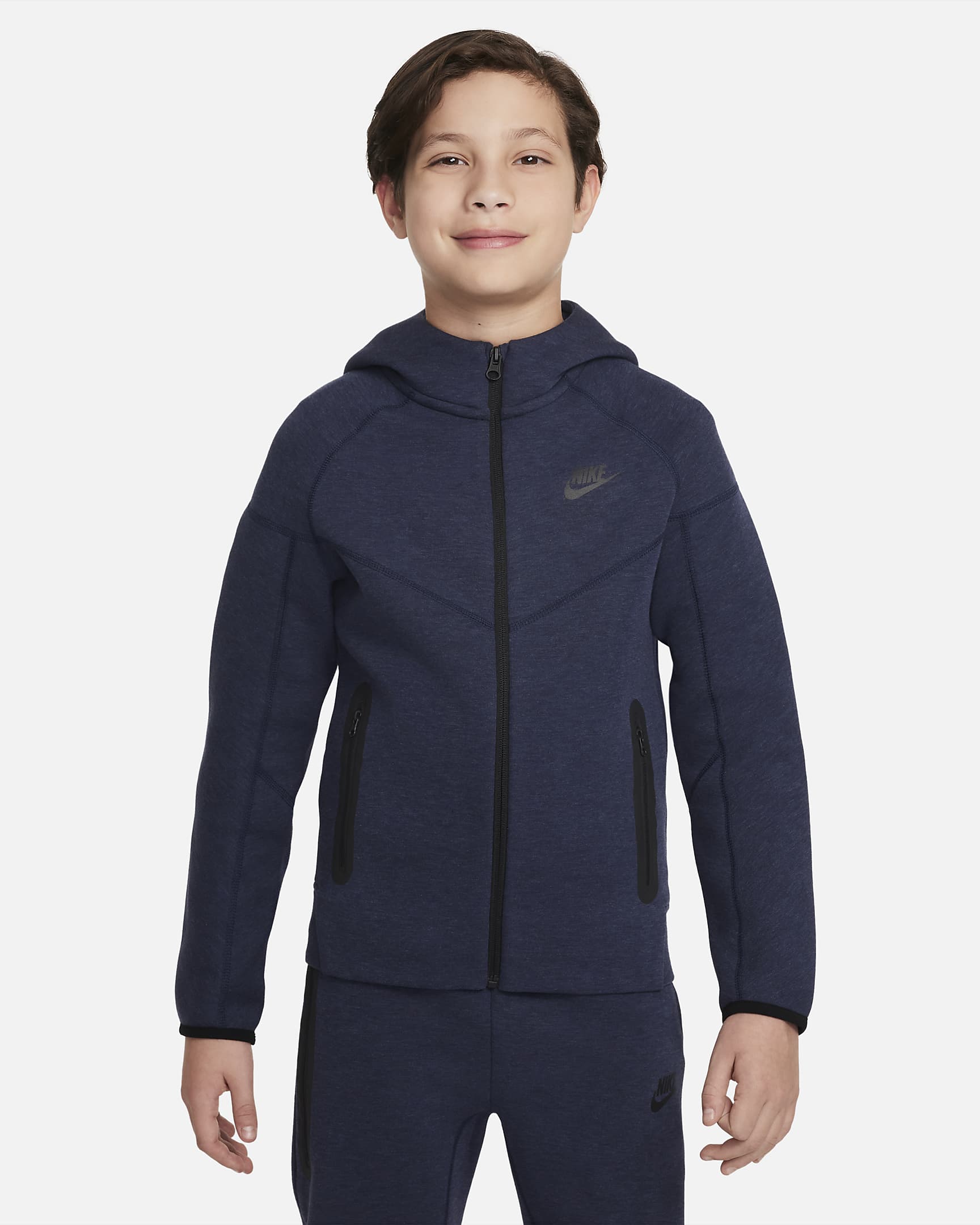 Nike Sportswear Tech Fleece-hættetrøje med lynlås til større børn (drenge) - Obsidian Heather/sort/sort