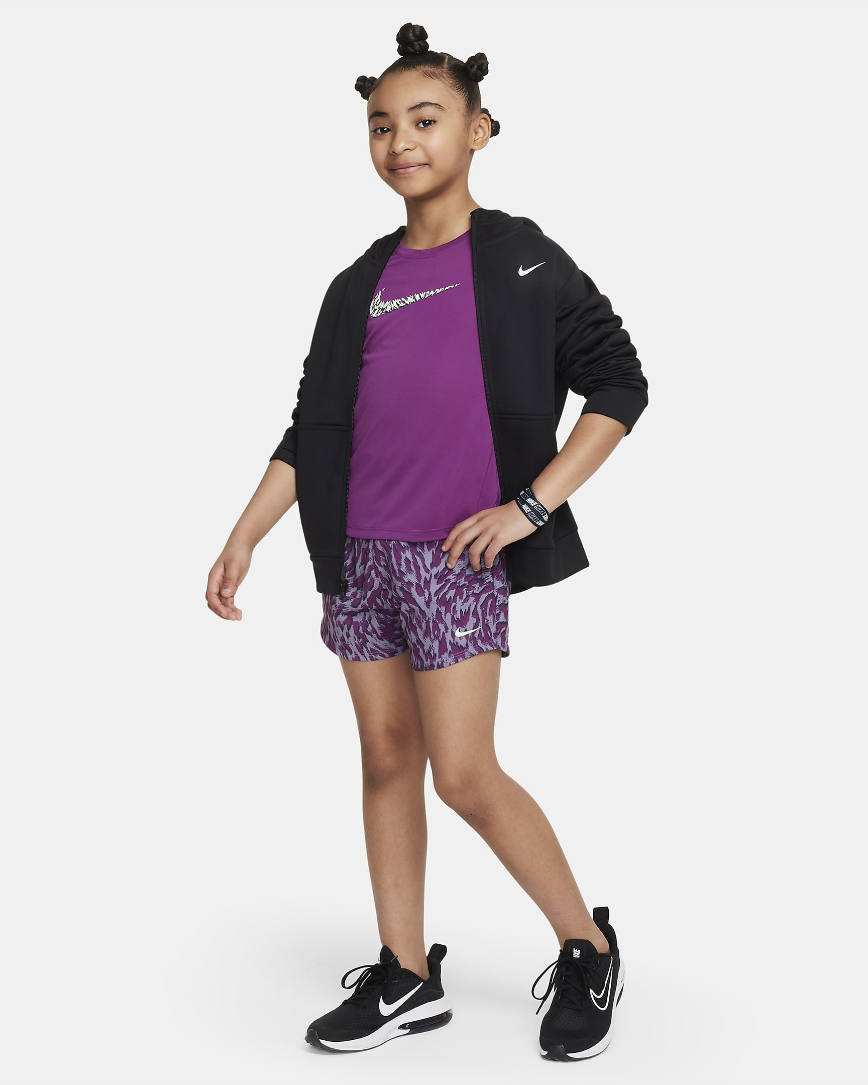 Vævede Nike One-shorts med høj talje til større børn (piger) - Daybreak/Viotech/Vapor Green