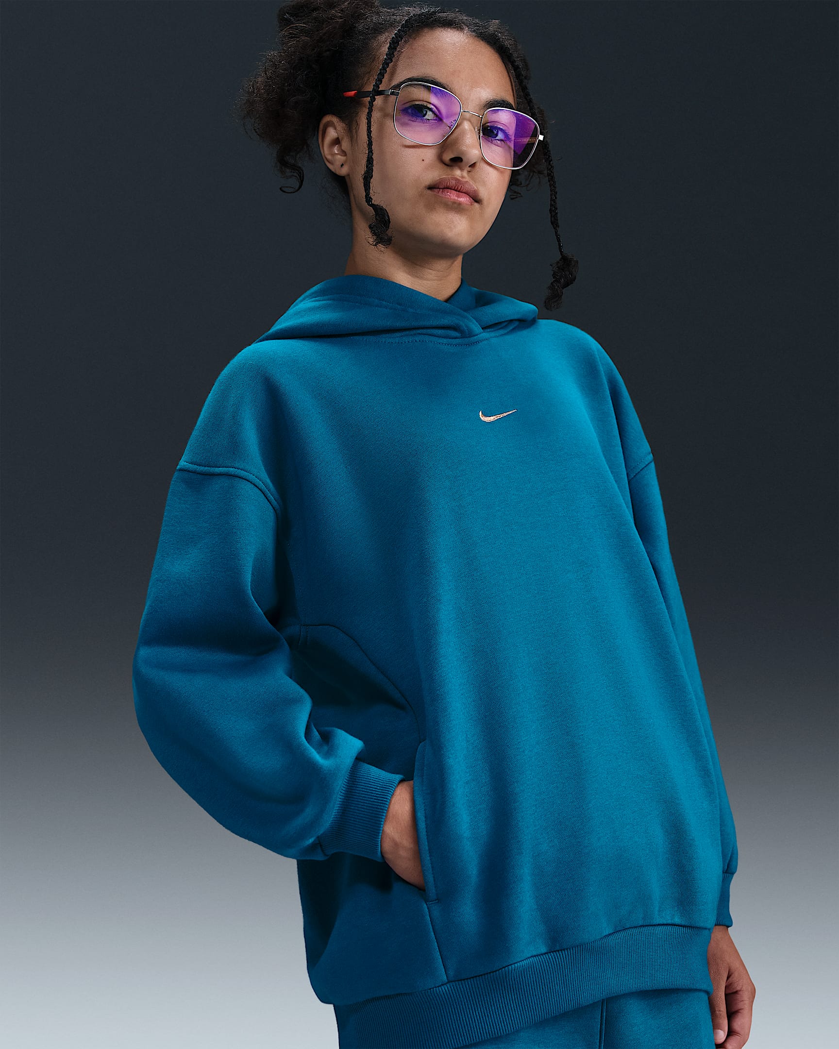 Nike Sportswear Club Fleece Big Kids' (Girls') Oversized Hoodie - Green Abyss/Mead Gold/Metallic Gold