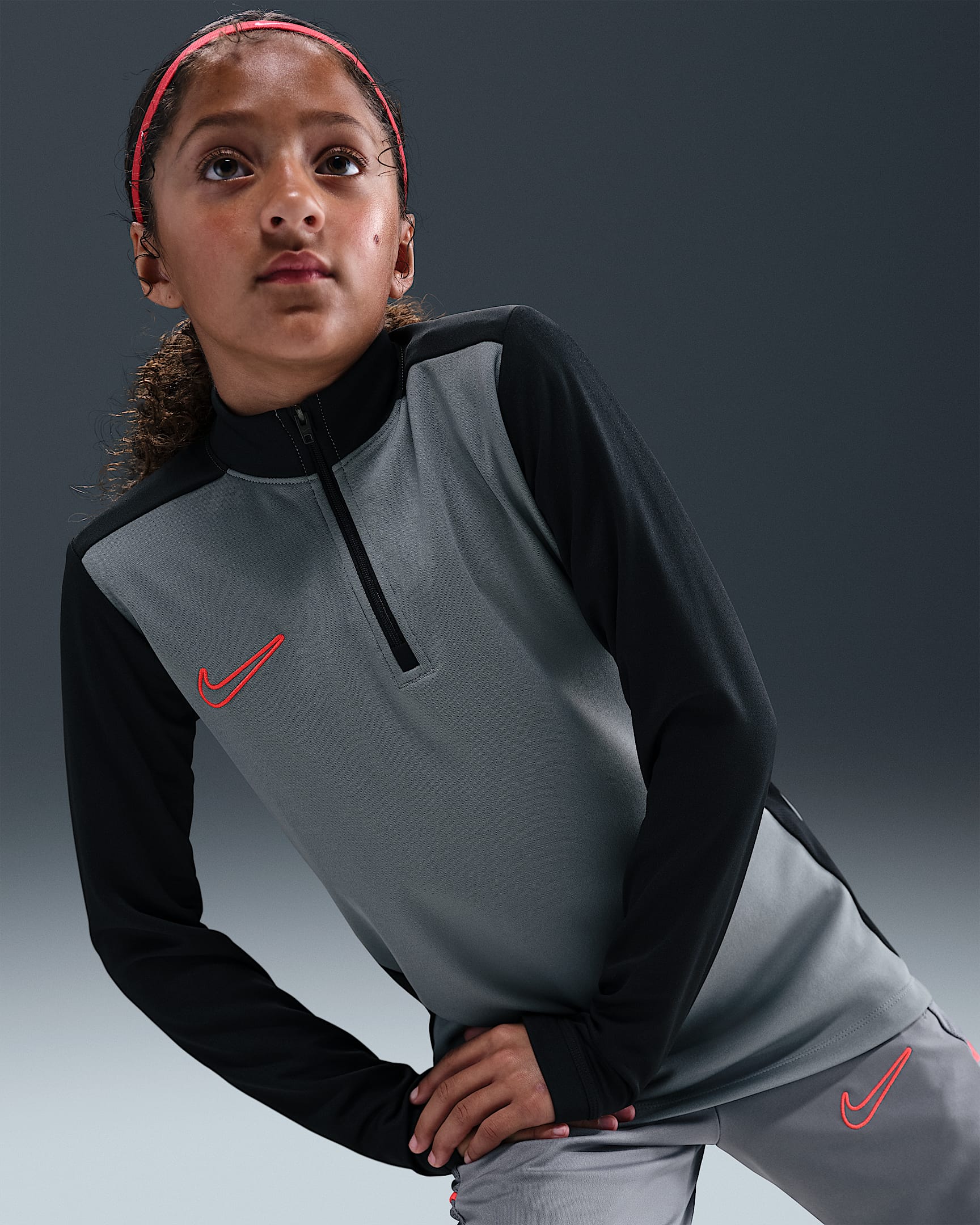 Nike Academy Big Kids' Dri-FIT Long-Sleeve 1/4-Zip Soccer Drill Top - Cool Grey/Black/Bright Crimson