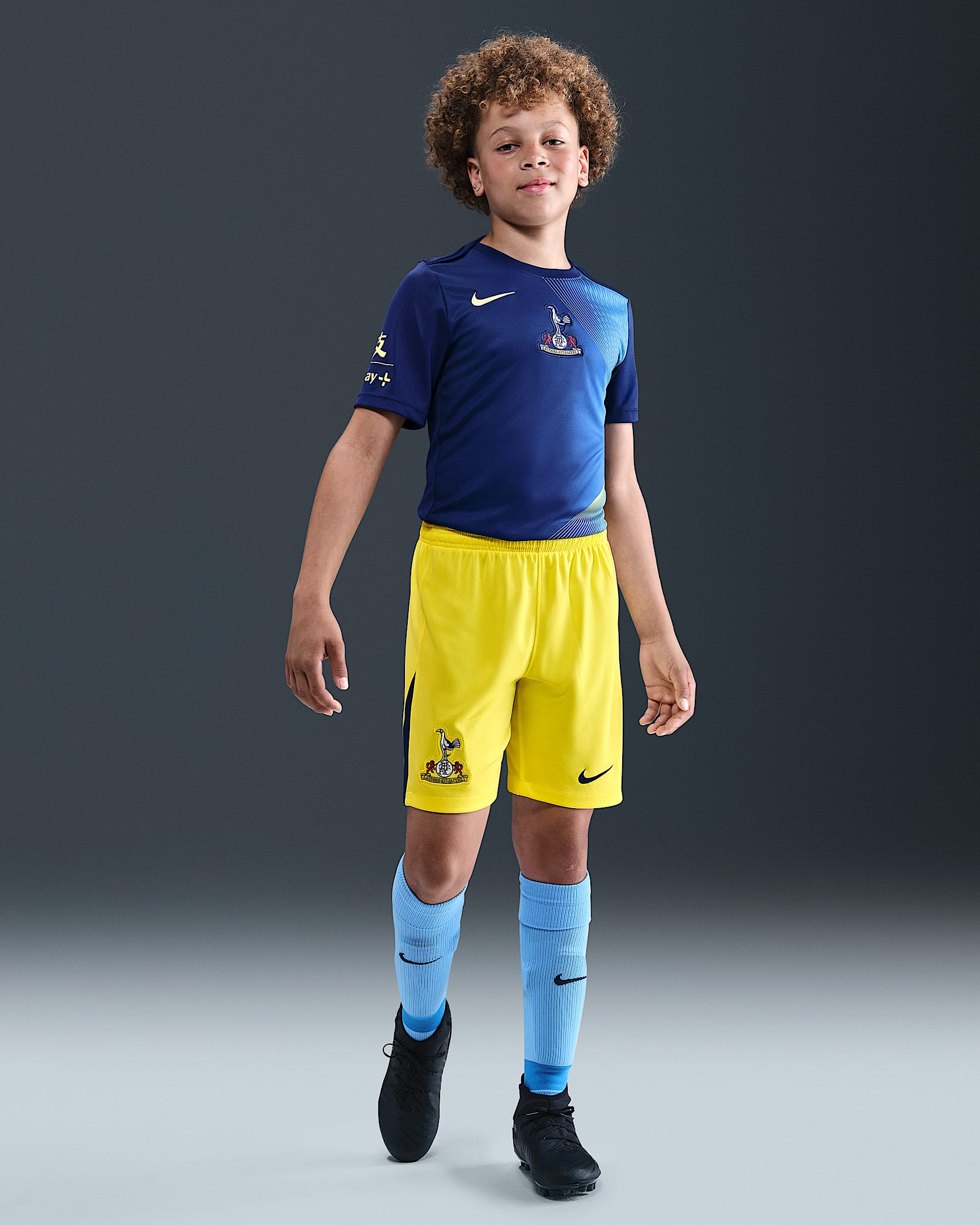 Tottenham Hotspur 2025/26 Stadium Derde Nike Total 90 replicavoetbalshorts met Dri-FIT voor kids - Dynamic Yellow/Blue Void/Blue Void