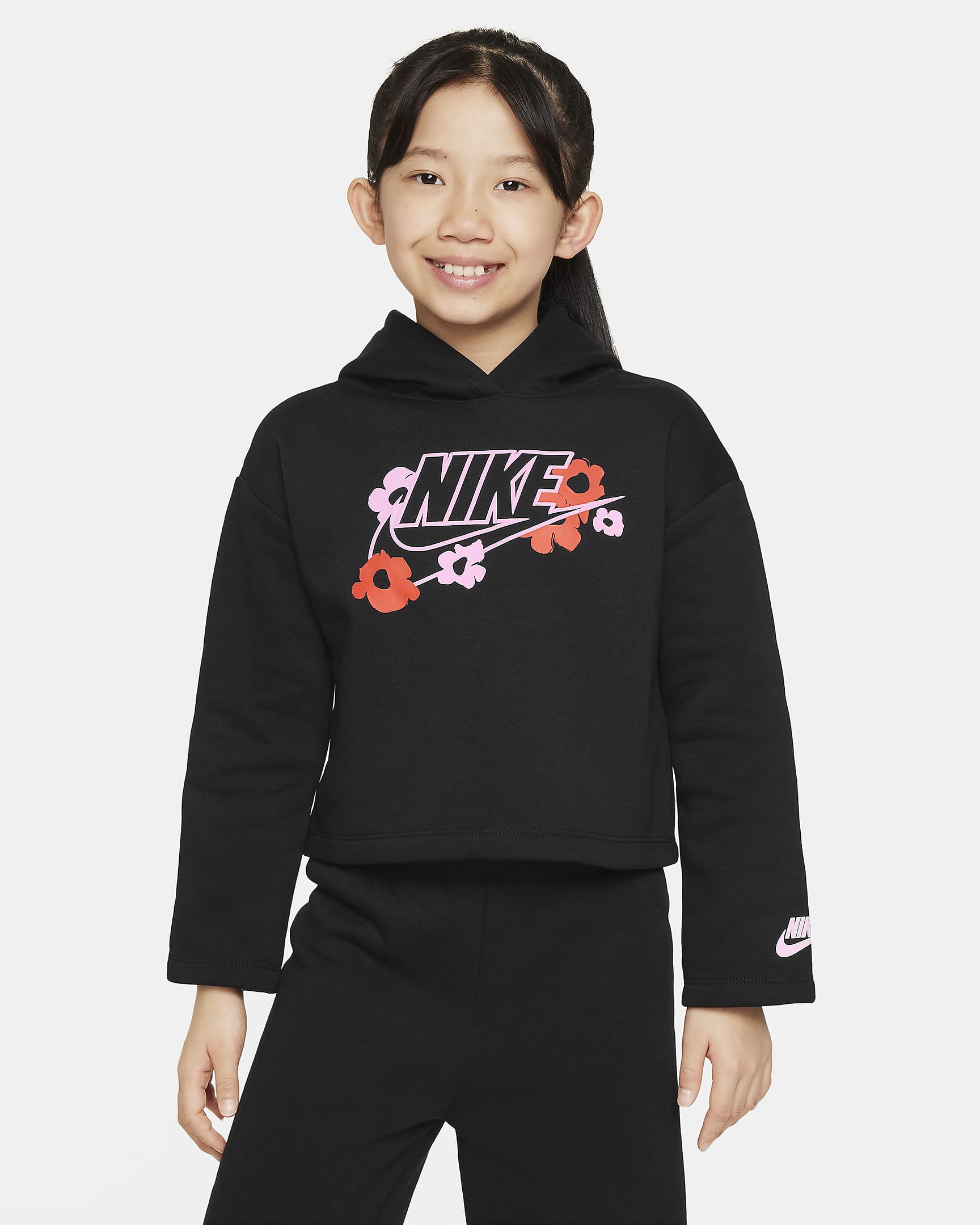 Nike Floral Fleece Little Kids' Graphic Hoodie - Black