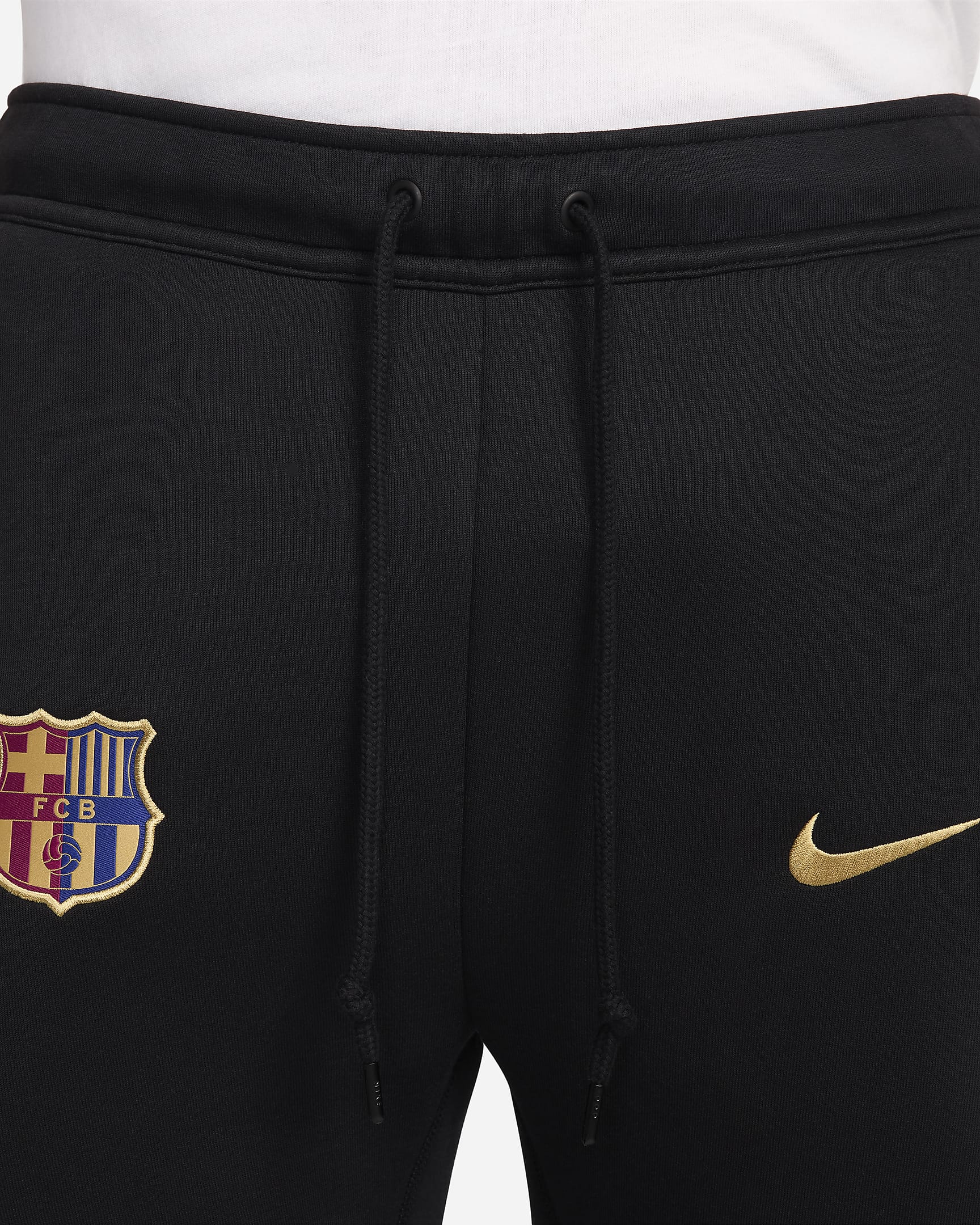 Calças desportivas de futebol Nike Tech Fleece FC Barcelona para homem - Preto/Dourado Club