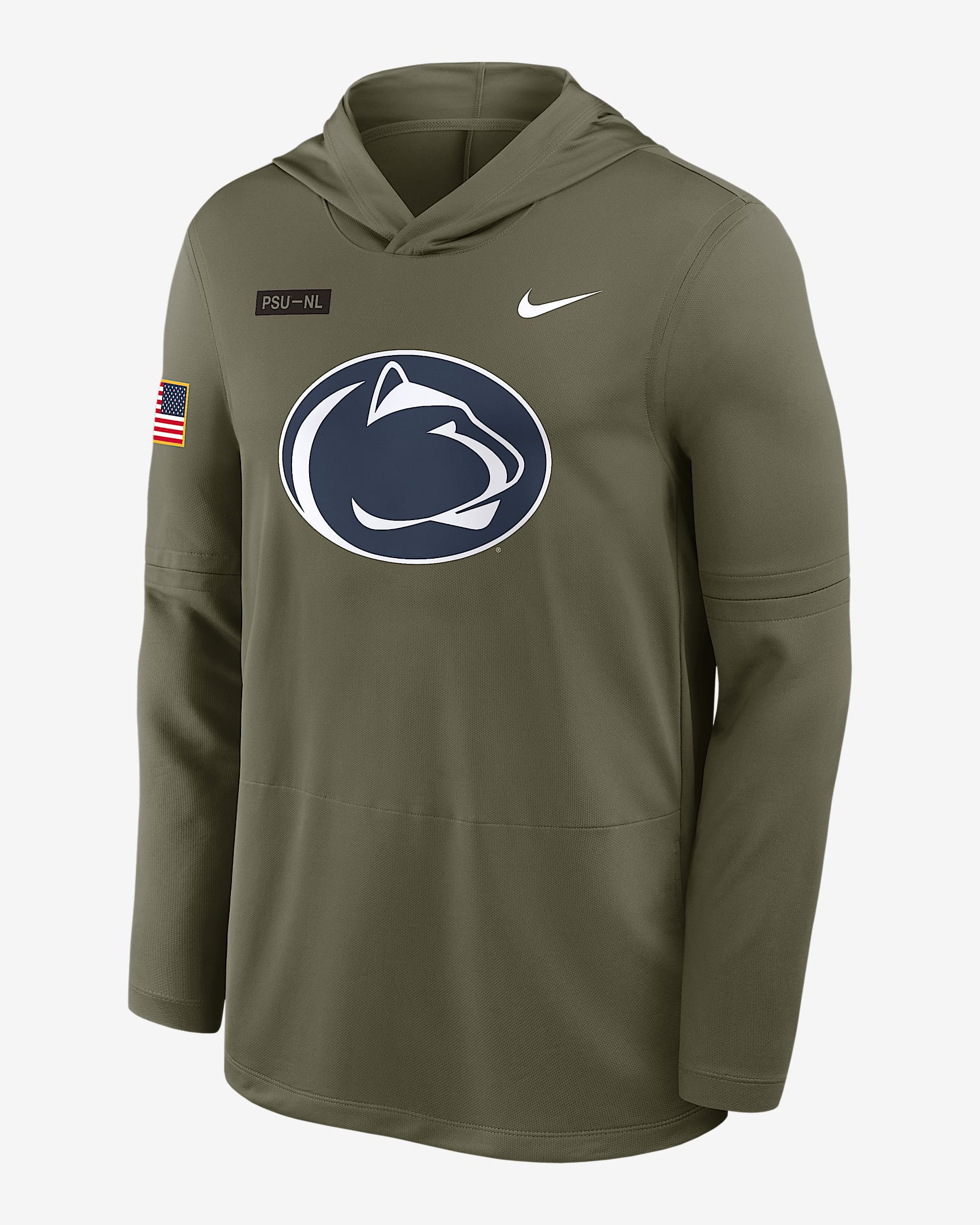 Playera de manga larga universitaria Nike Dri-FIT con gorro para hombre Penn State 2025 Military Appreciation - Oliva