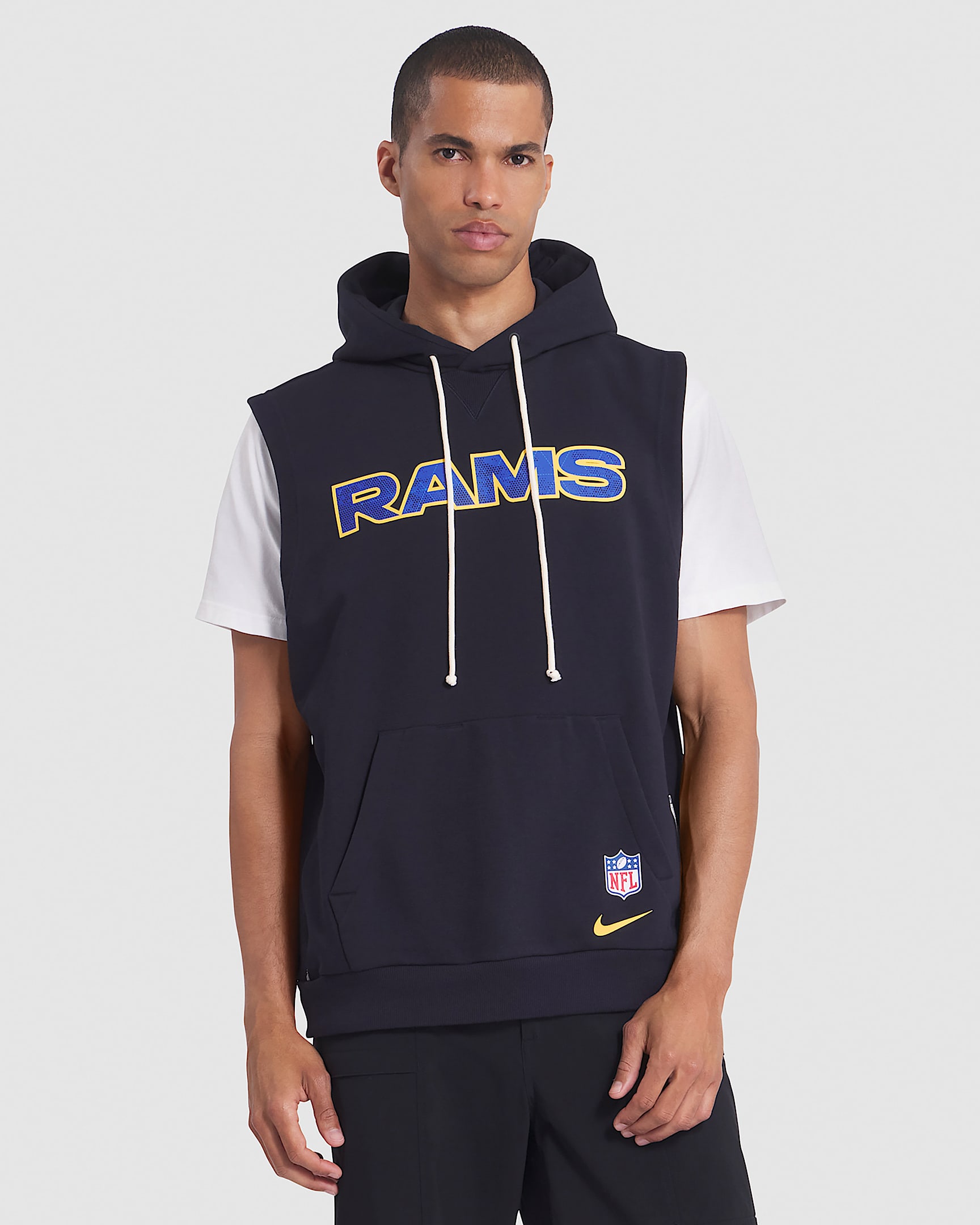 Sudadera con gorro sin cierre sin mangas Nike Dri-FIT de la NFL para hombre Los Angeles Rams Rivalries Collection Sideline - Azul marino