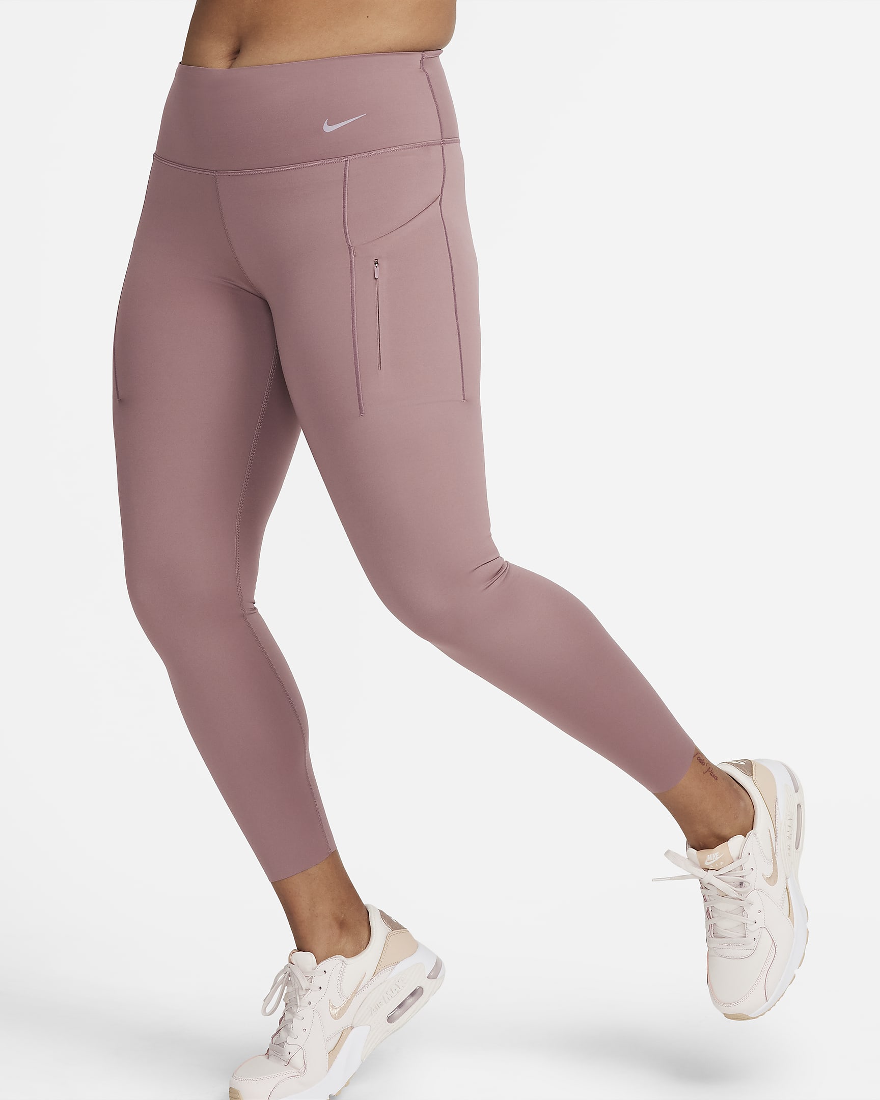 Legging 7/8 taille mi-haute à maintien supérieur avec poches Nike Go pour femme - Smokey Mauve/Noir