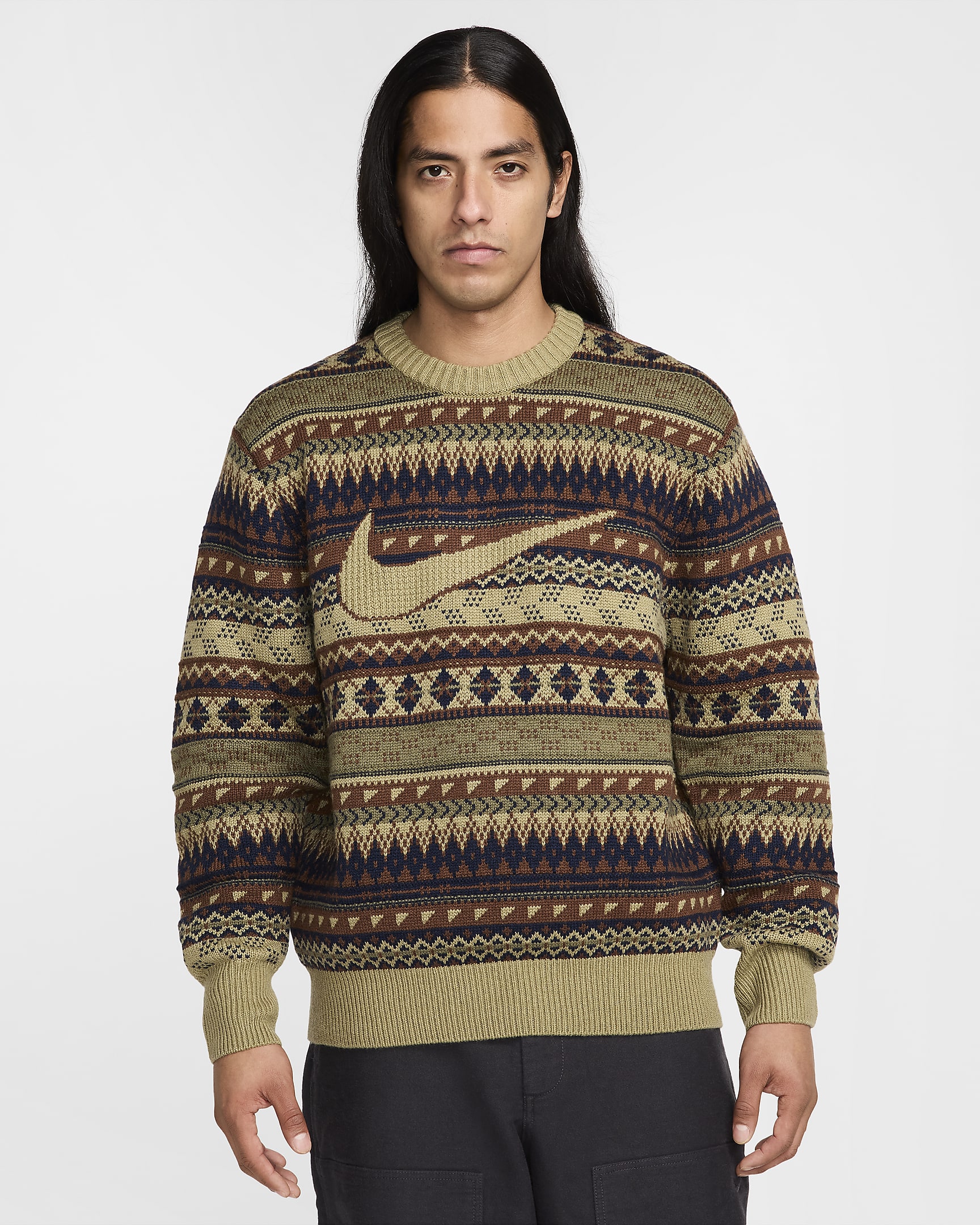 Nike Life Men's Fair Isle Swoosh Jumper - Neutral Olive