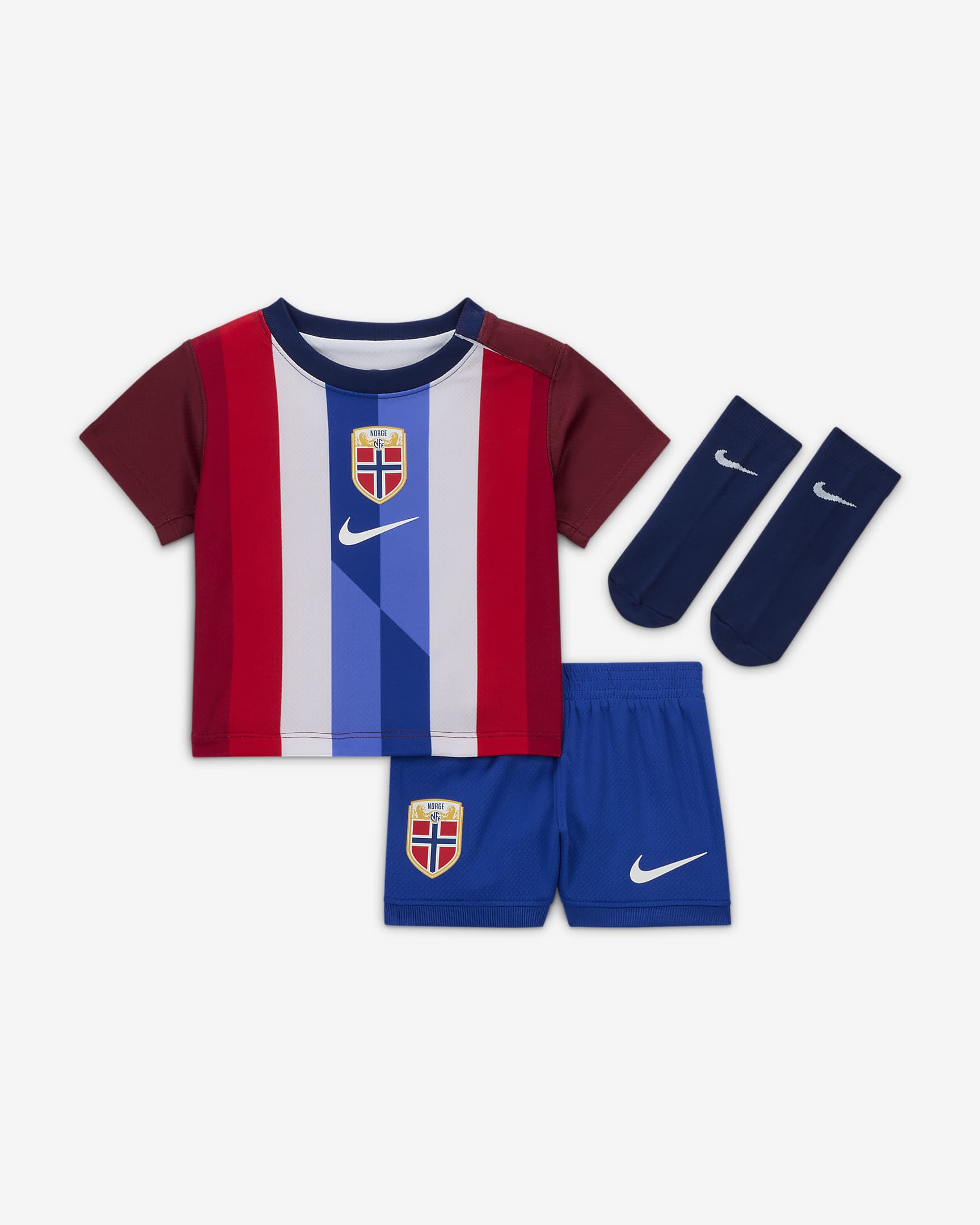 Norge 2024/25 Stadium (hjemmedrakt) Nike Football Replica draktsett i tre deler til sped-/småbarn - Team Red/Blue Void/Hvit