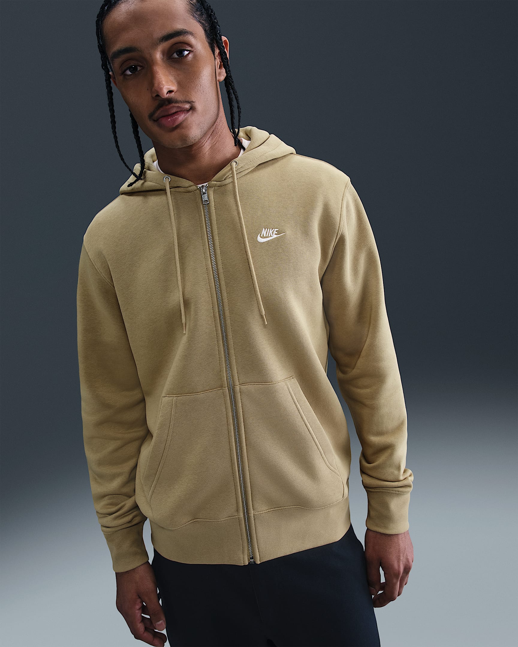 Sudadera con gorro de tejido Fleece y cierre completo para hombre Nike Club - Beige paracaídas/Beige paracaídas/Blanco