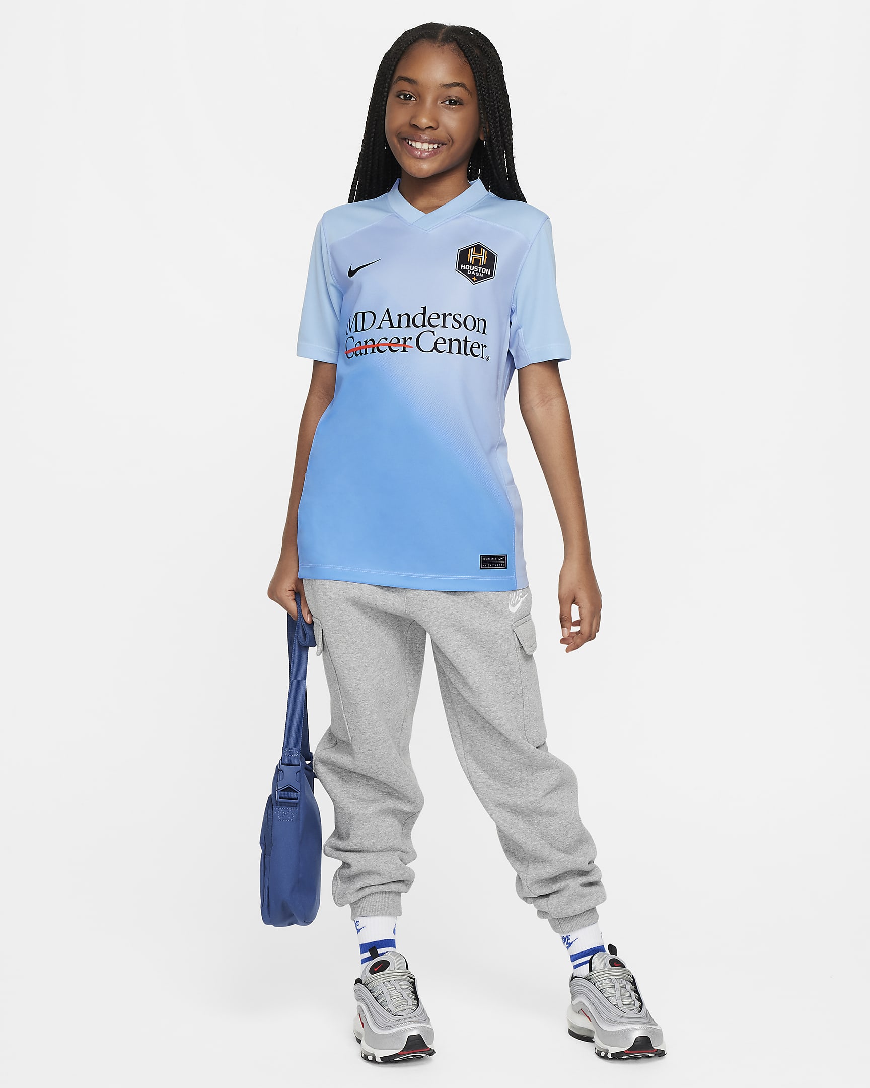 Jersey Nike Dri-FIT de la NWSL replica del Houston Dash visitante 2024 Stadium para niños talla grande - Azul psíquico