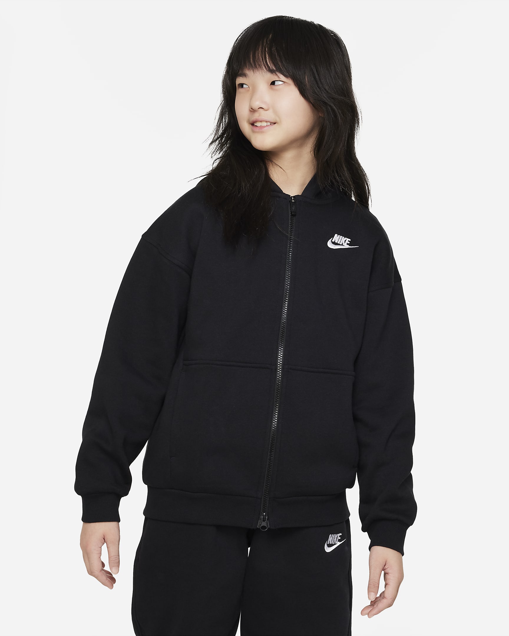 Bluza oversize z kapturem i zamkiem na całej długości dla dużych dzieci Nike Sportswear Club Fleece - Czerń/Biel