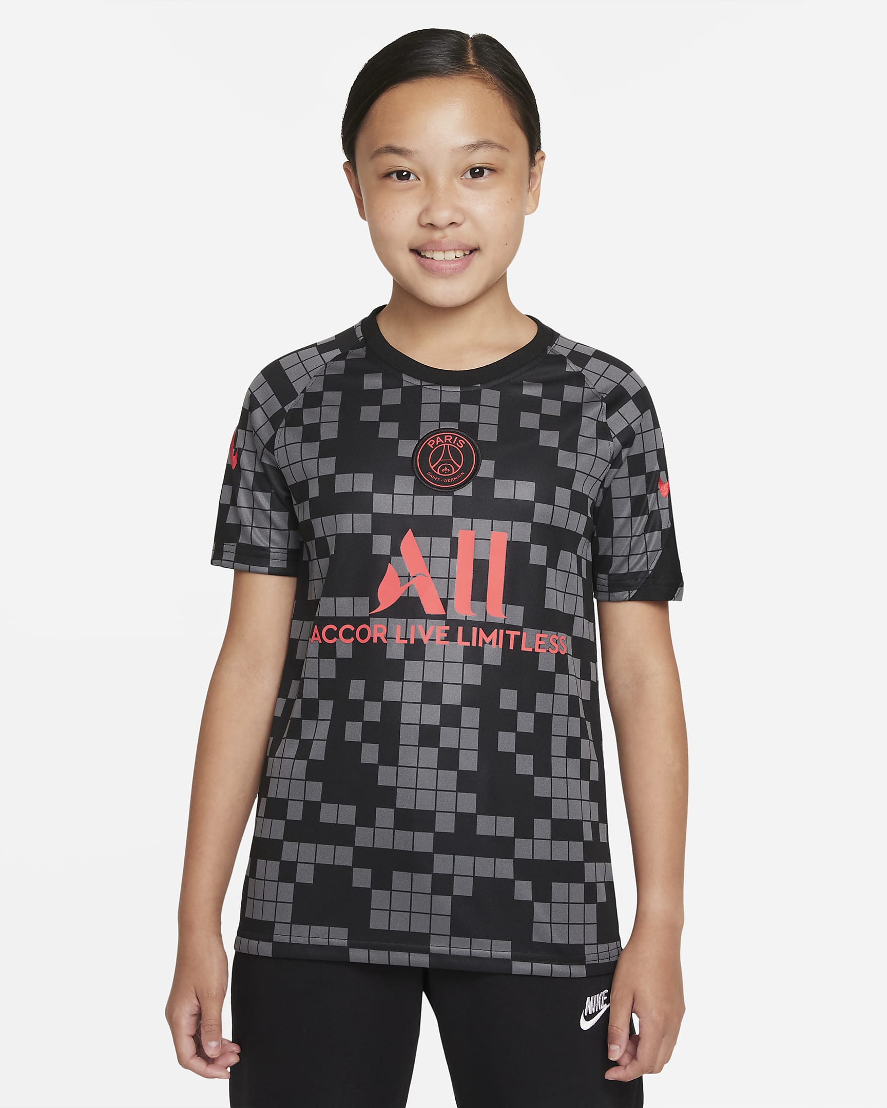 Paris Saint-Germain Older Kids' Nike Dri-FIT Pre-Match Football Top - Black/Black/Black/Siren Red