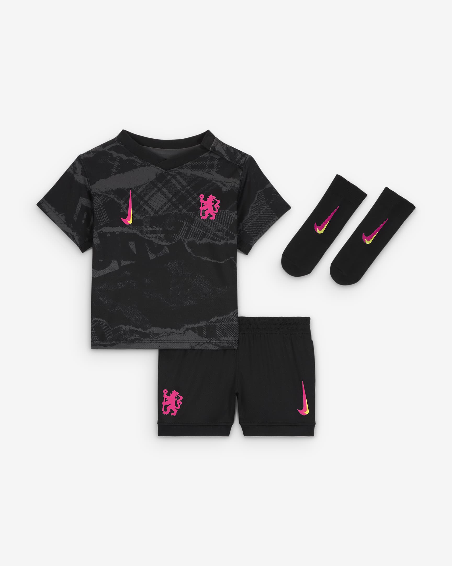 Chelsea F.C. 2024/25 Stadium Third Baby/Toddler Nike Football Replica Three-Piece Kit - Anthracite/Black/Opti Yellow/Pink Prime