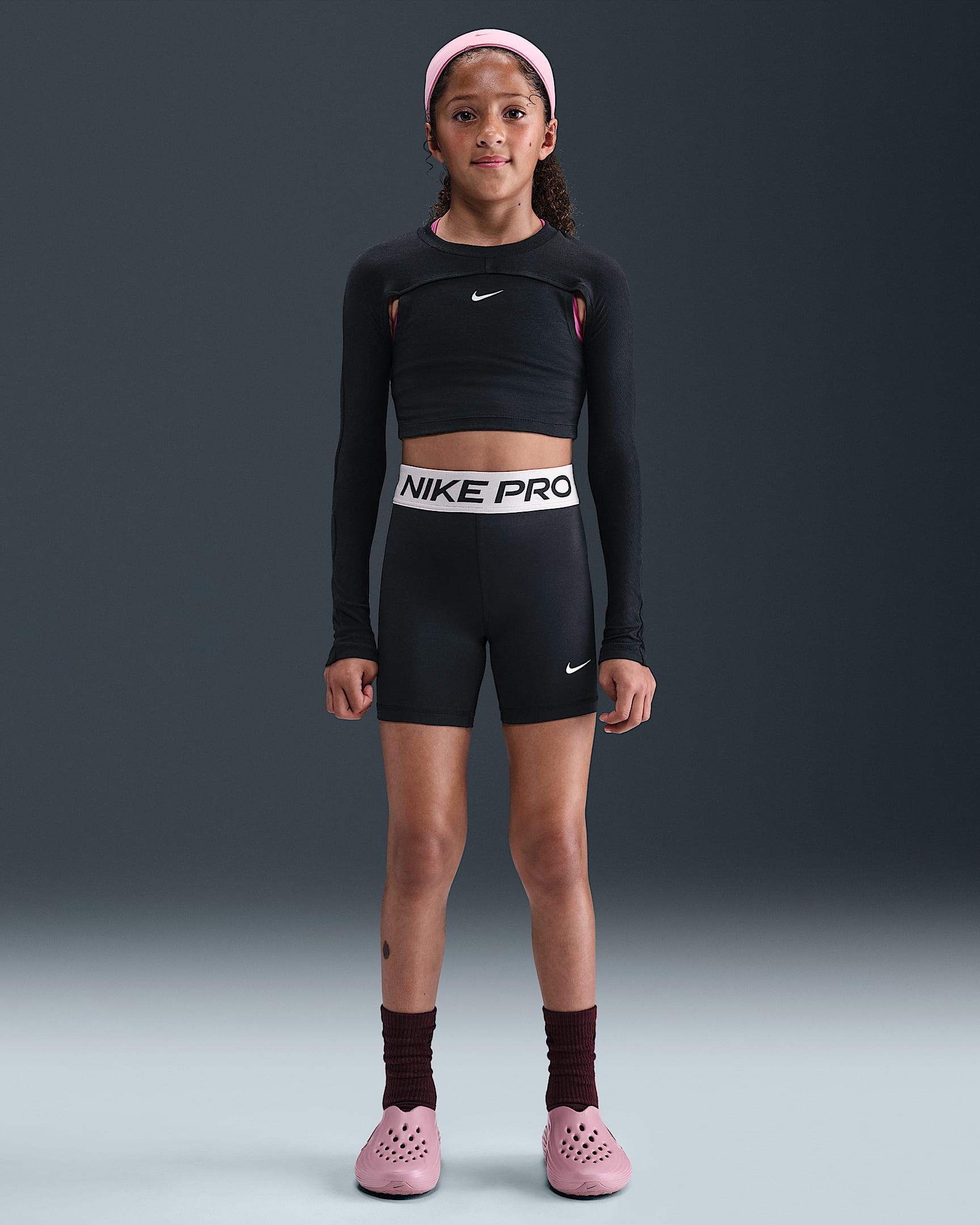 Nike Pro Big Kids' (Girls') Dri-FIT 5" Shorts - Black/Platinum Violet/White