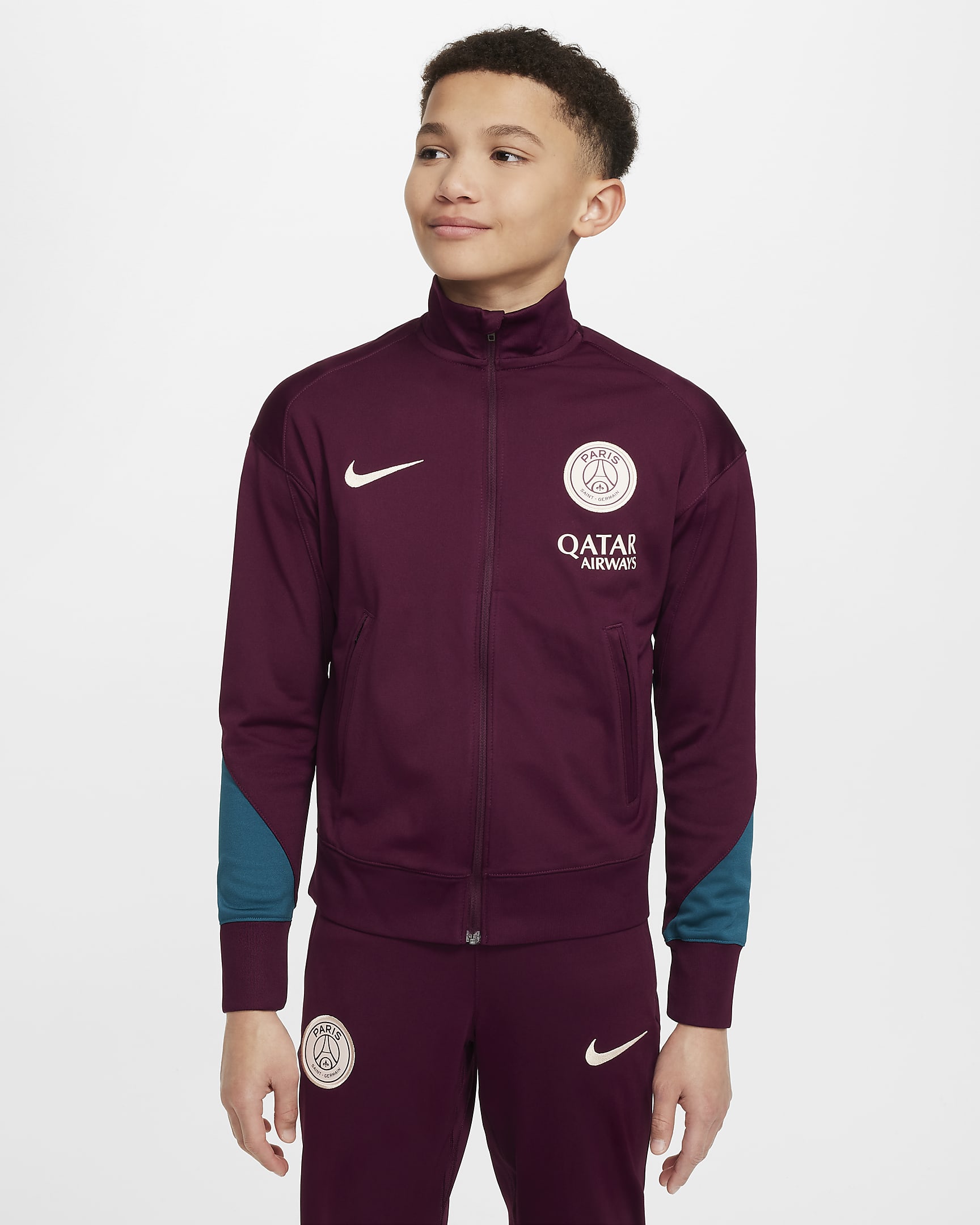 Paris Saint-Germain Strike Nike Dri-FIT Fußball-Trainingsanzug aus Strickmaterial für ältere Kinder - Bordeaux/Geode Teal/Guava Ice