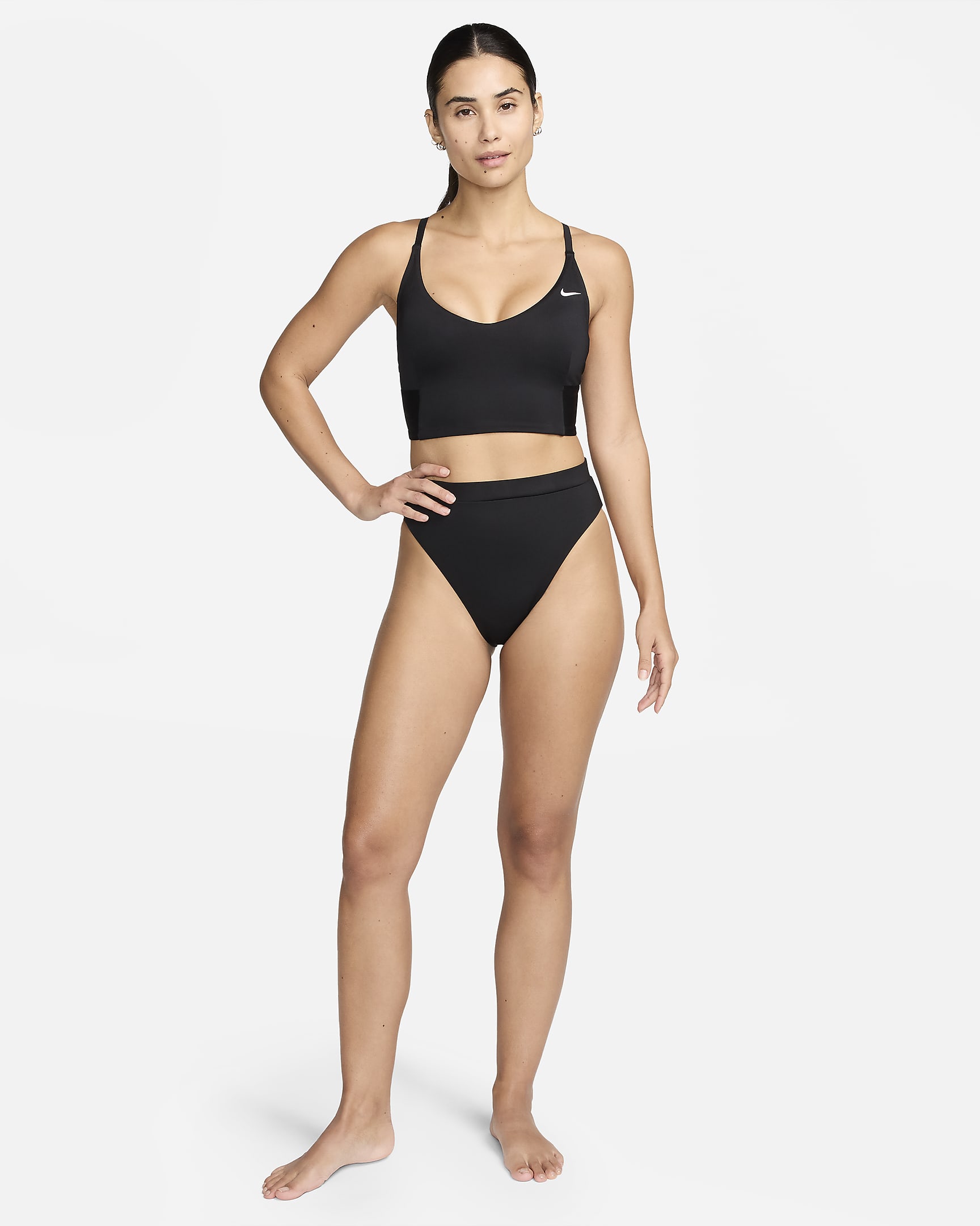 Top de midkini con cuello en V para mujer Nike Swim - Negro