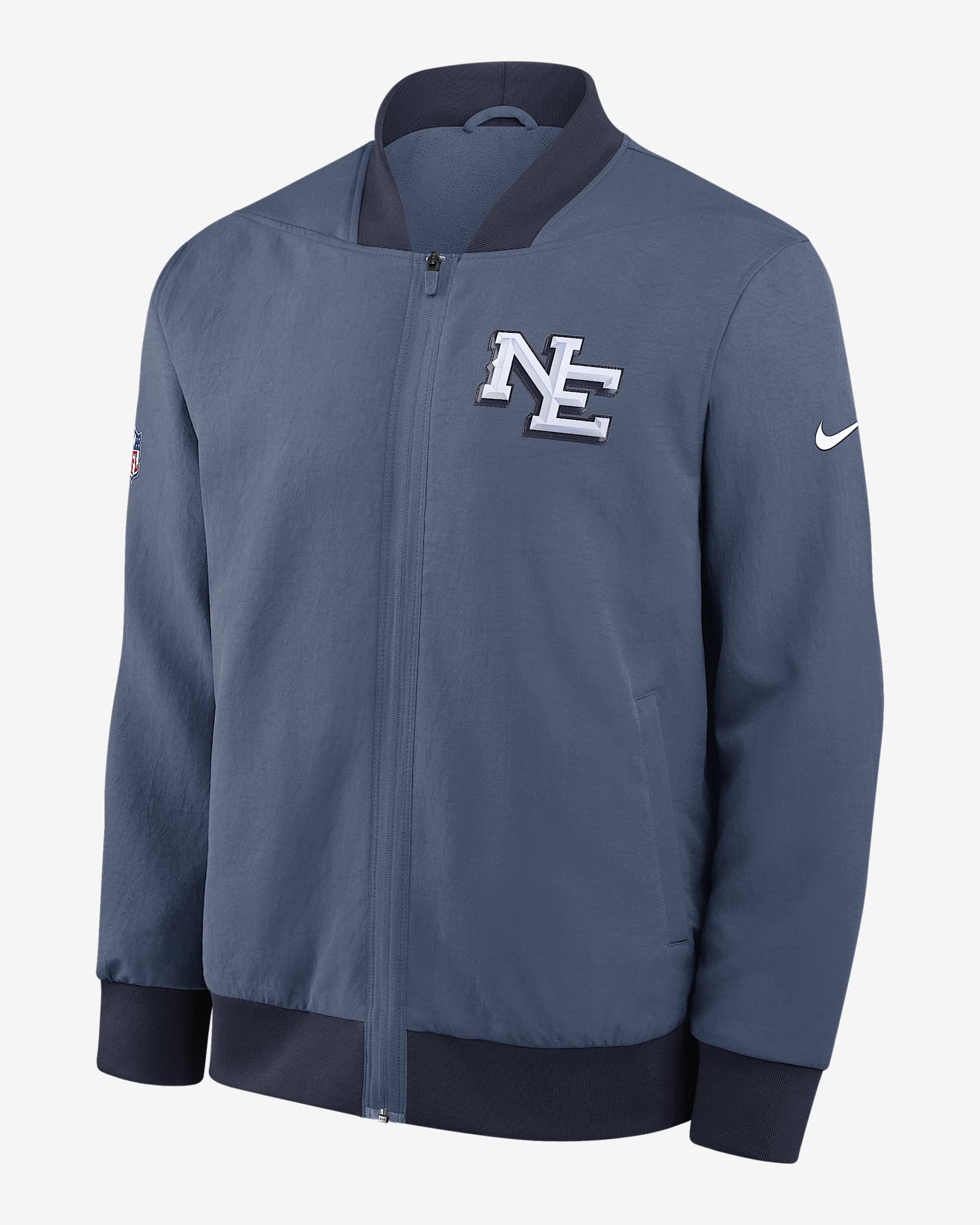 Chamarra bomber Nike de la NFL de cierre completo para hombre New England Patriots Rivalries Collection Sideline - Azul