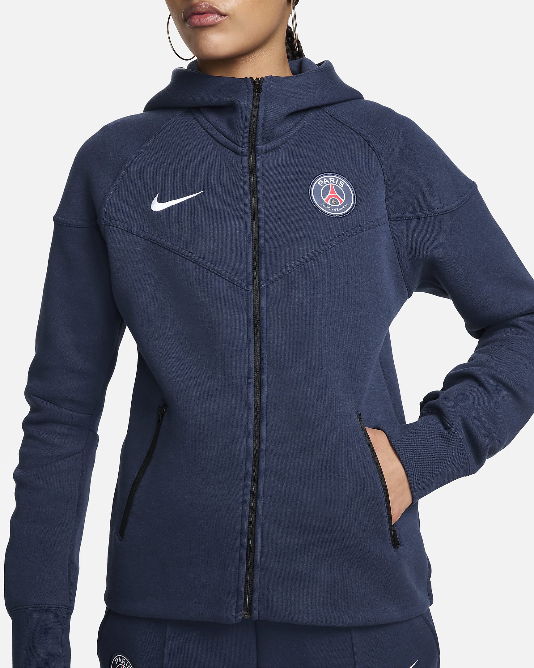 Paris Saint-Germain Tech Fleece Windrunner Nike Fußball-Hoodie mit durchgehendem Reißverschluss für Damen - Midnight Navy/Weiß