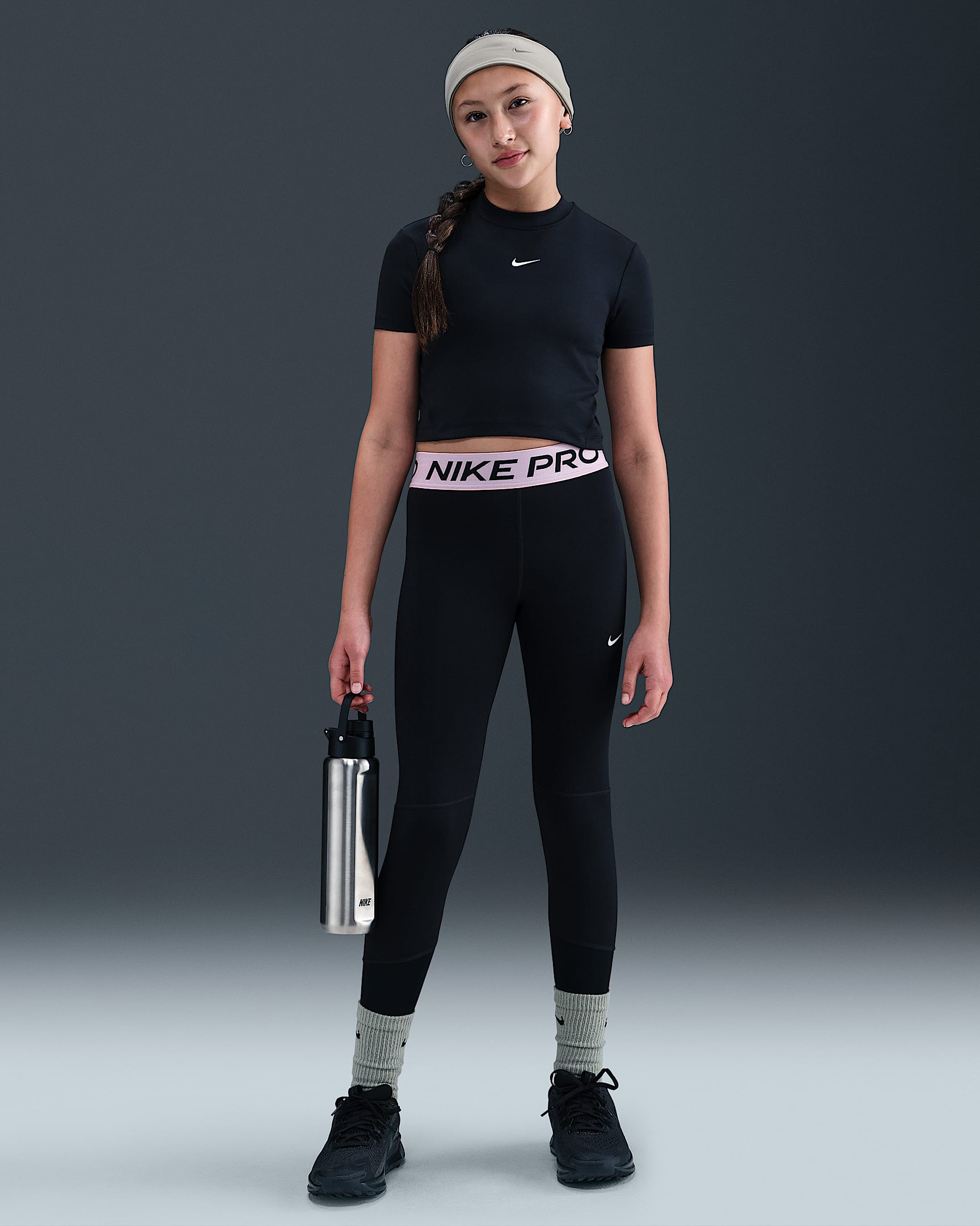 Nike Pro Dri-FIT Leggings für ältere Kinder (Mädchen) - Schwarz/Medium Soft Pink/Weiß