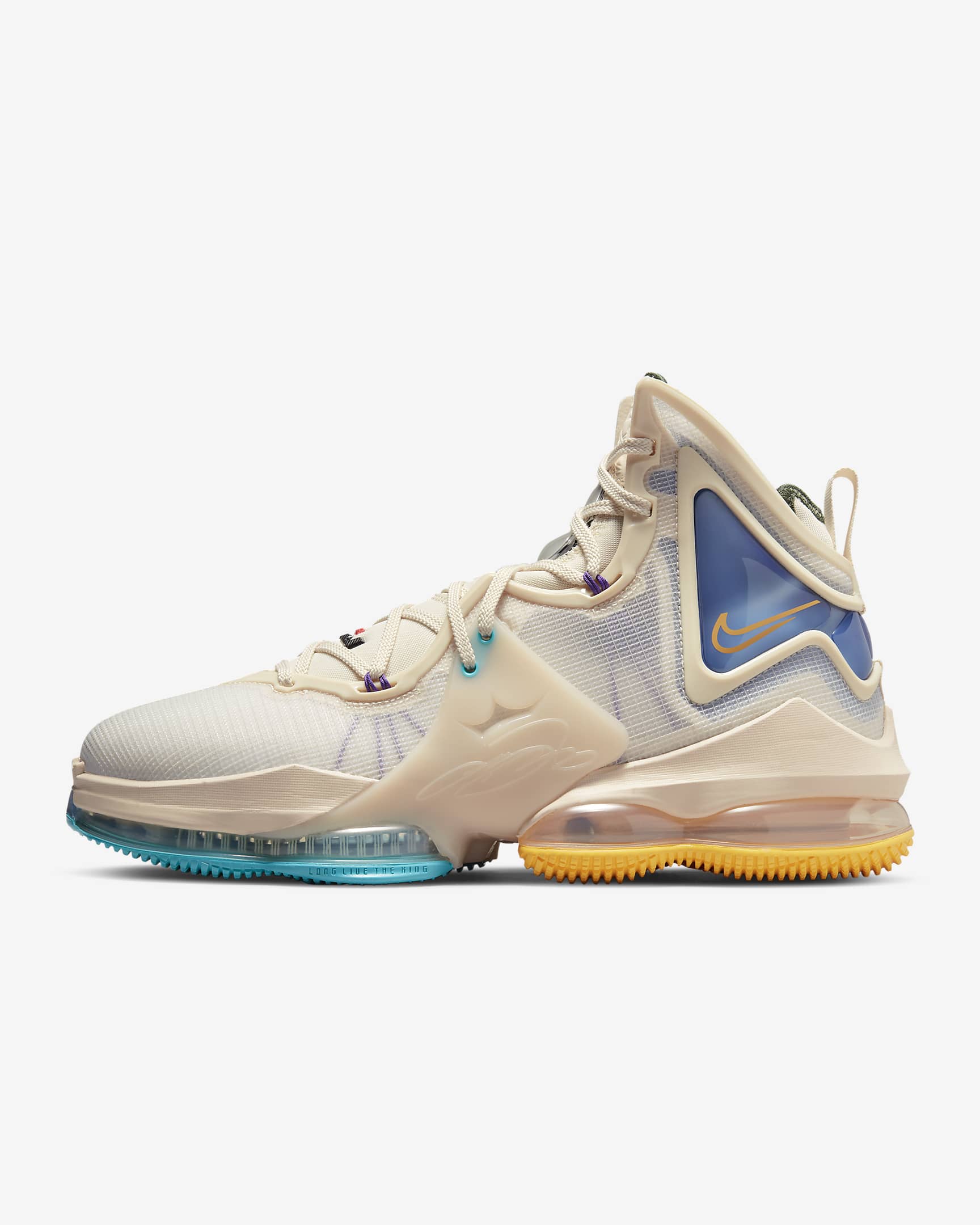 LeBron 19 Basketball Shoes - Pearl White/Game Royal/Clear Emerald/University Gold