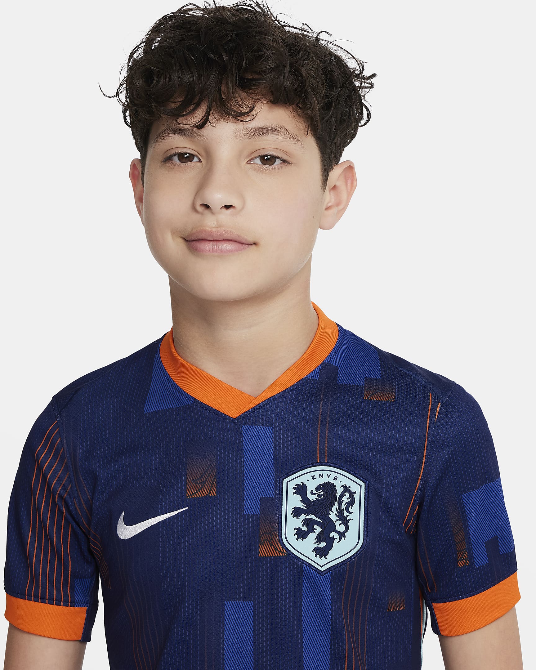 Netherlands (Men's Team) 2024/25 Stadium Away Older Kids' Nike Dri-FIT Football Replica Shirt - Blue Void/Safety Orange/Copa/White