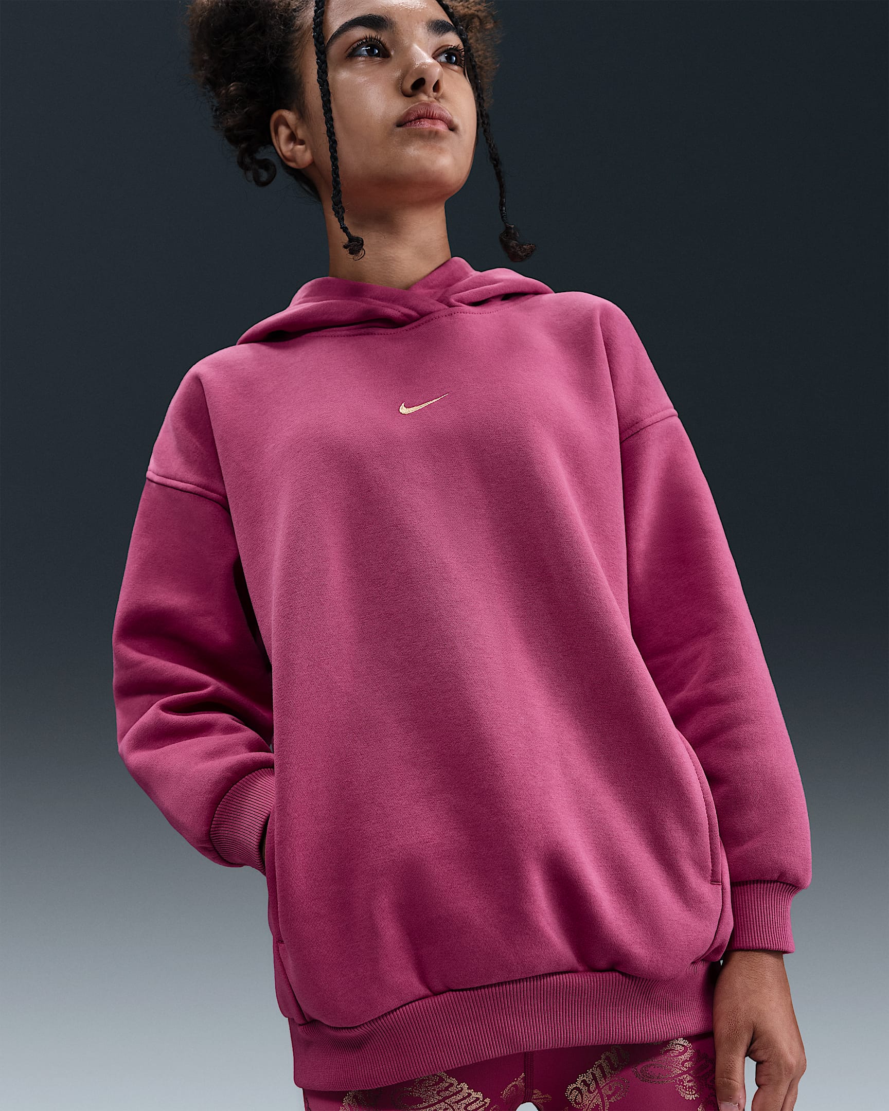 Nike Sportswear Club Fleece Big Kids' (Girls') Oversized Hoodie - Sweet Beet/Mead Gold/Metallic Gold